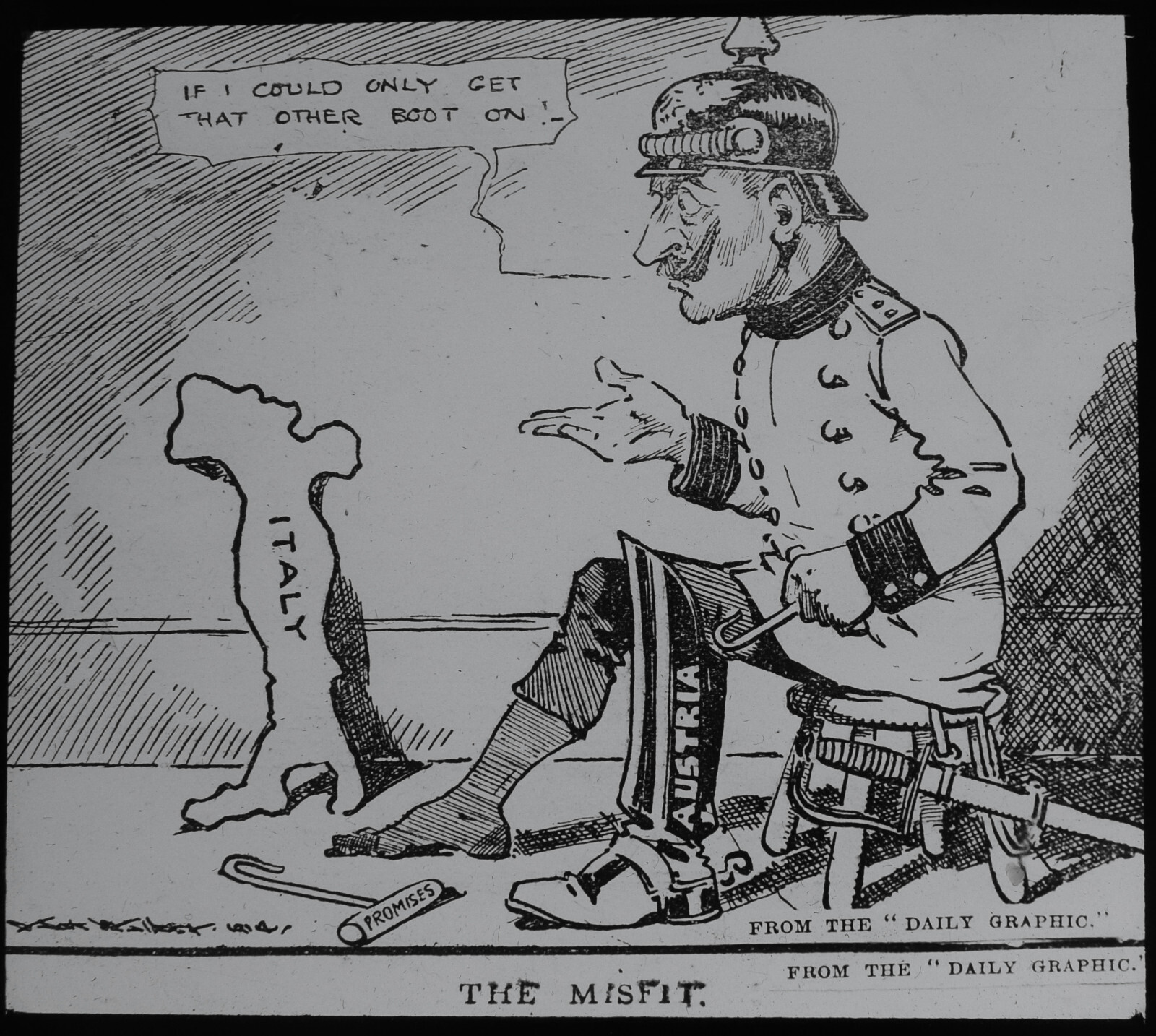 WW1 CARTOON THE KAISER AND HIS BOOTS . THE MISFIT Magic Lantern Slide