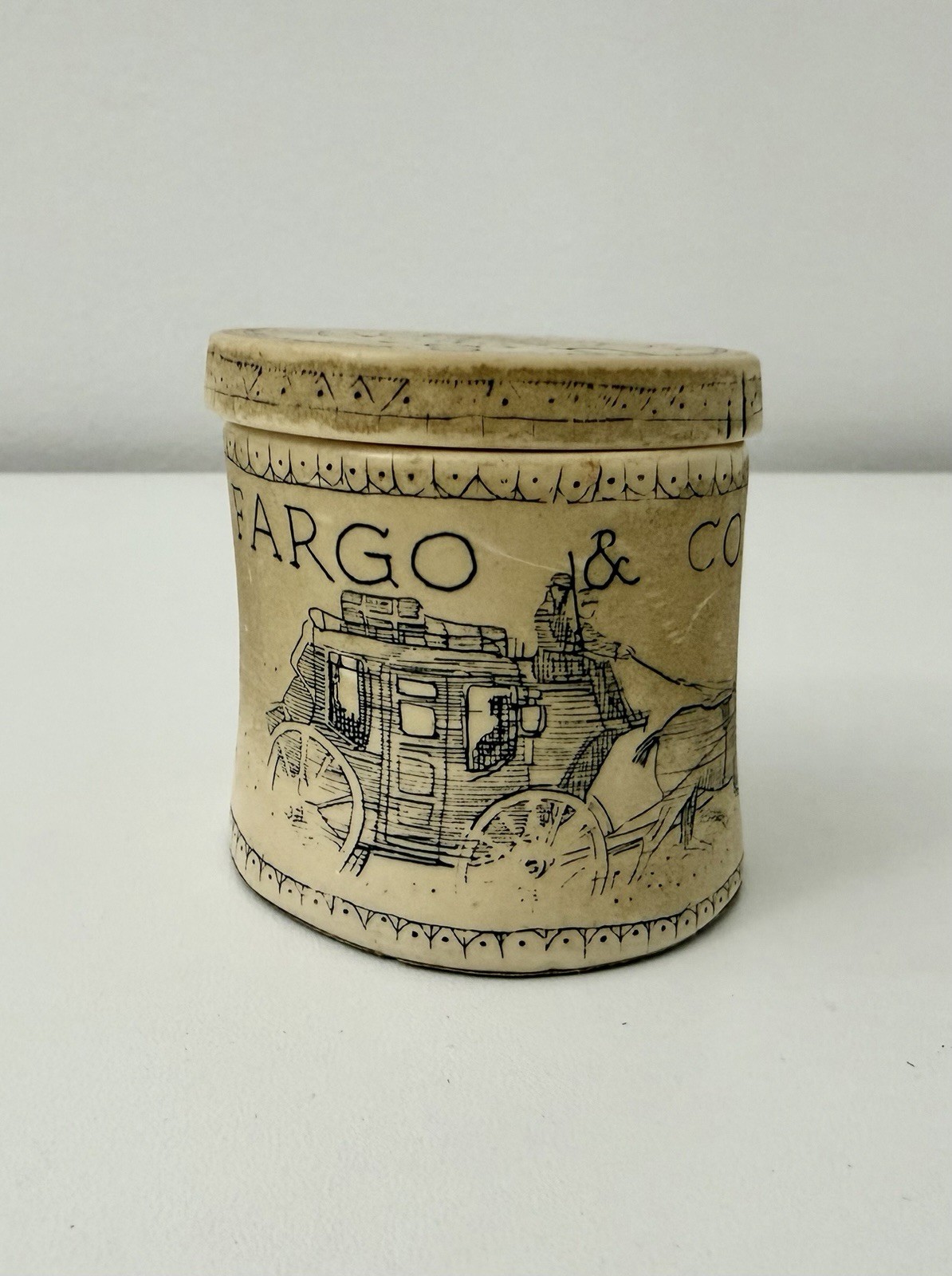 Wells Fargo Scrimshaw Stamp Dispenser with Lid Vintage Stamp Holder