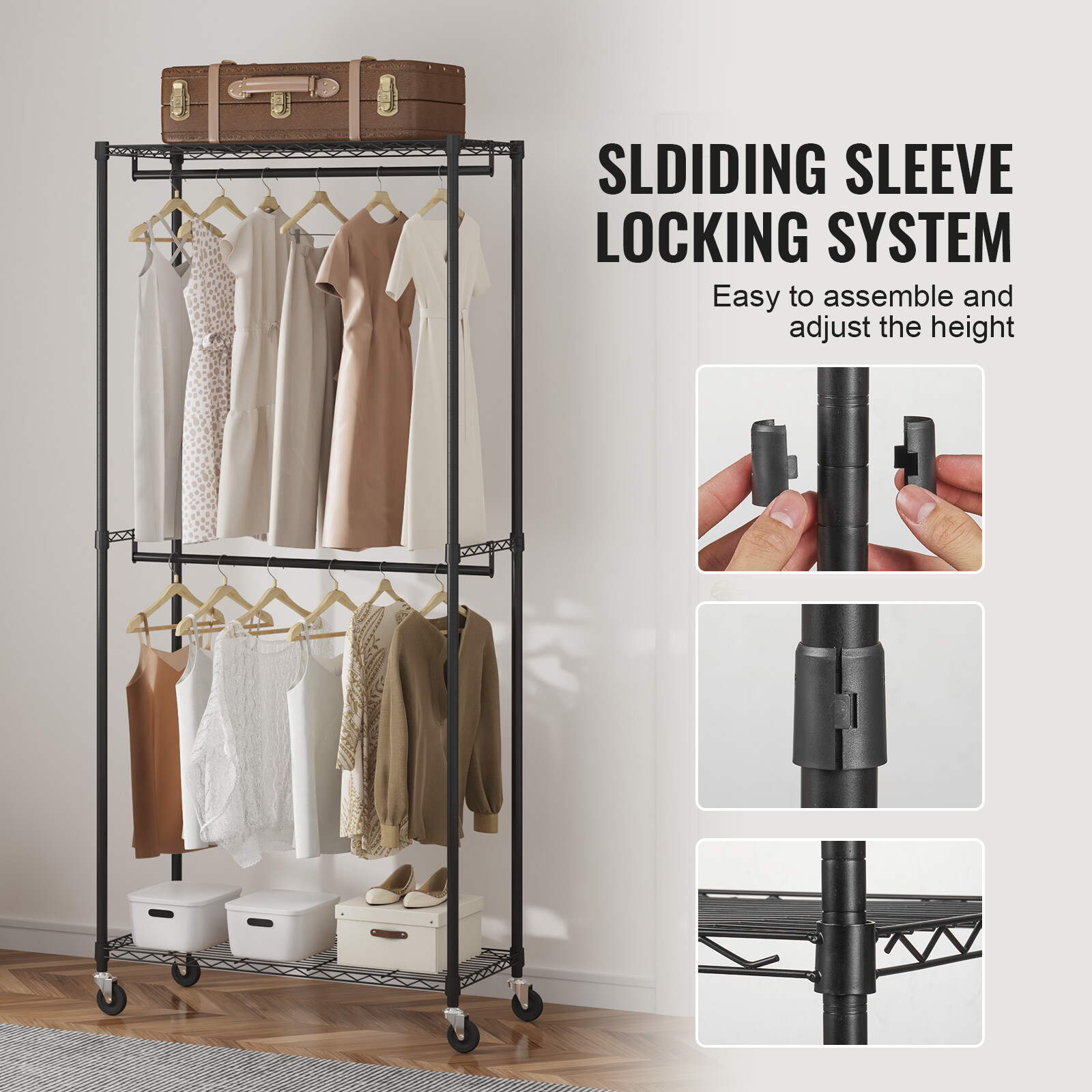 VEVOR Clothes Rack Heavy Duty Clothing Garment Rack Double Hanging Rods 300 lbs