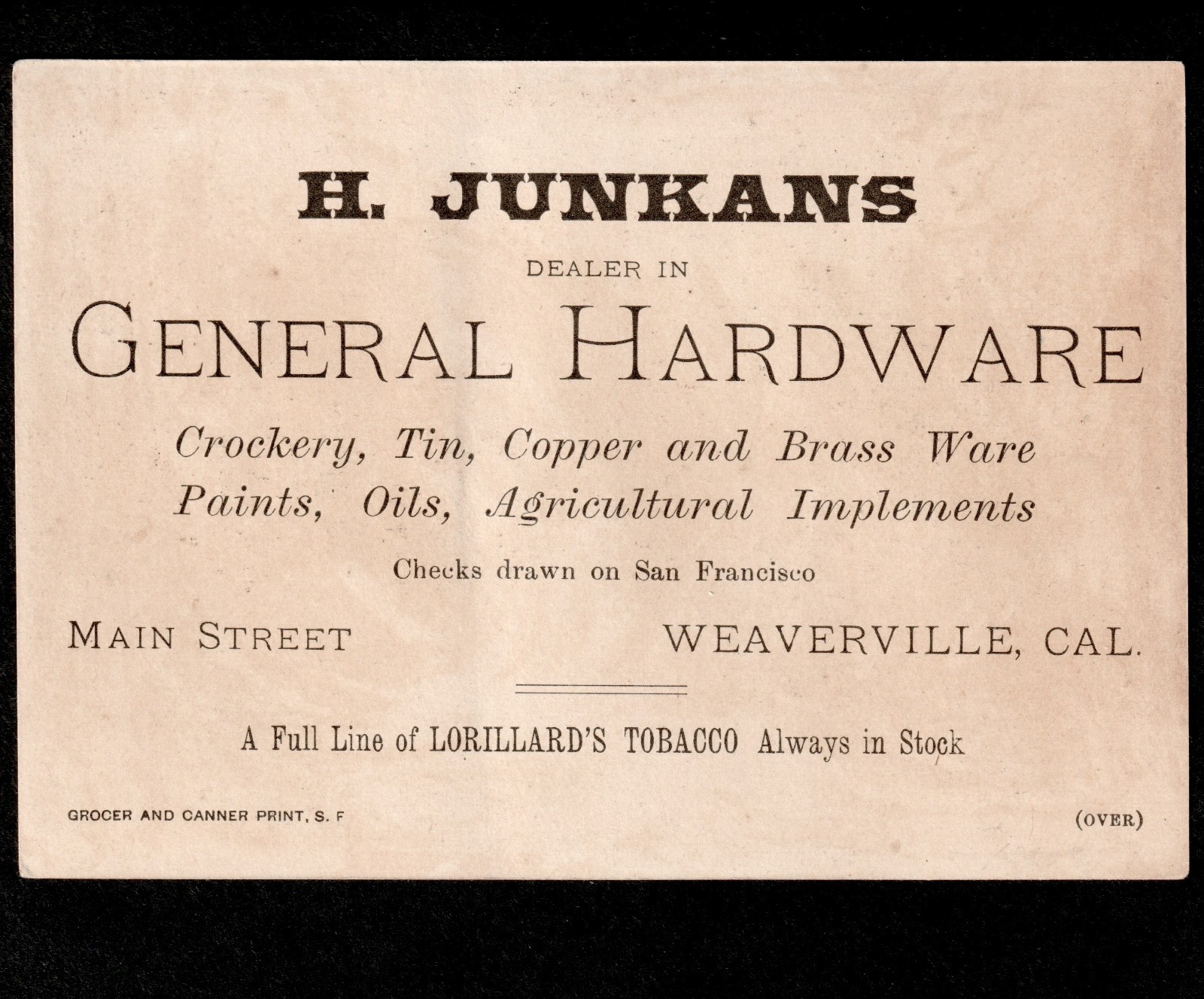 Weaverville California 49er Miner Lorillard Cut Plug Smoking Tobacco Trade Card
