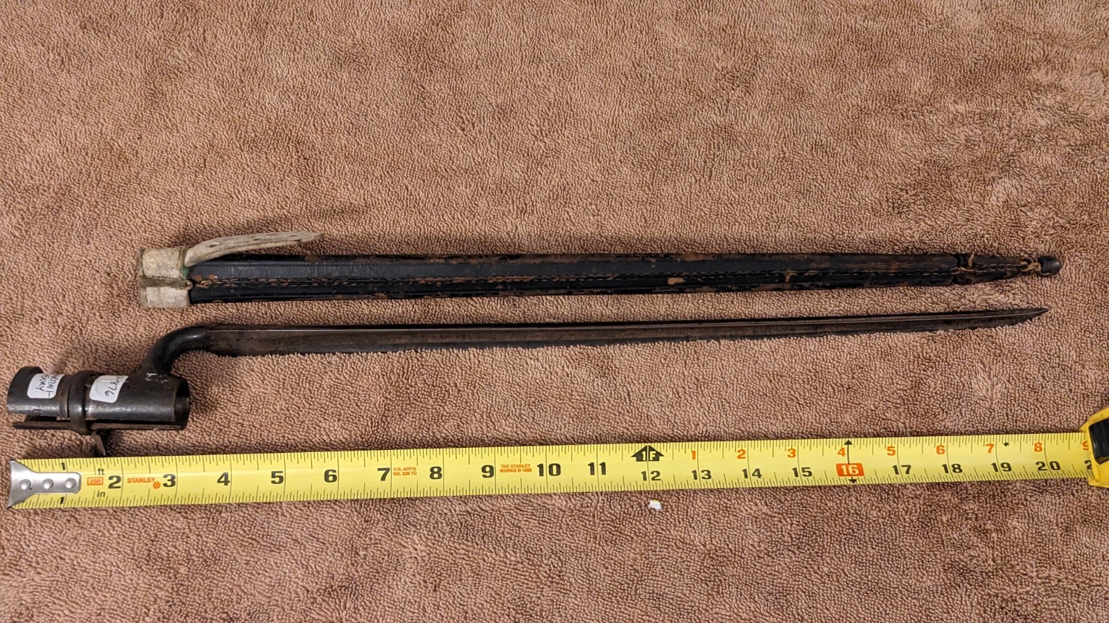 1876 Martini Henry British socket bayonet with leather scabbard Boer War WWI