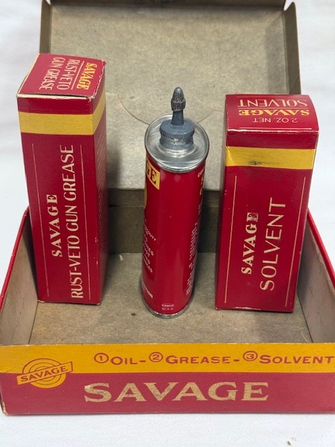 Savage Arms Gun Cleaning Kit Oil Tin RustVeto Gun Grease Solvent 3pk Vintage LOT