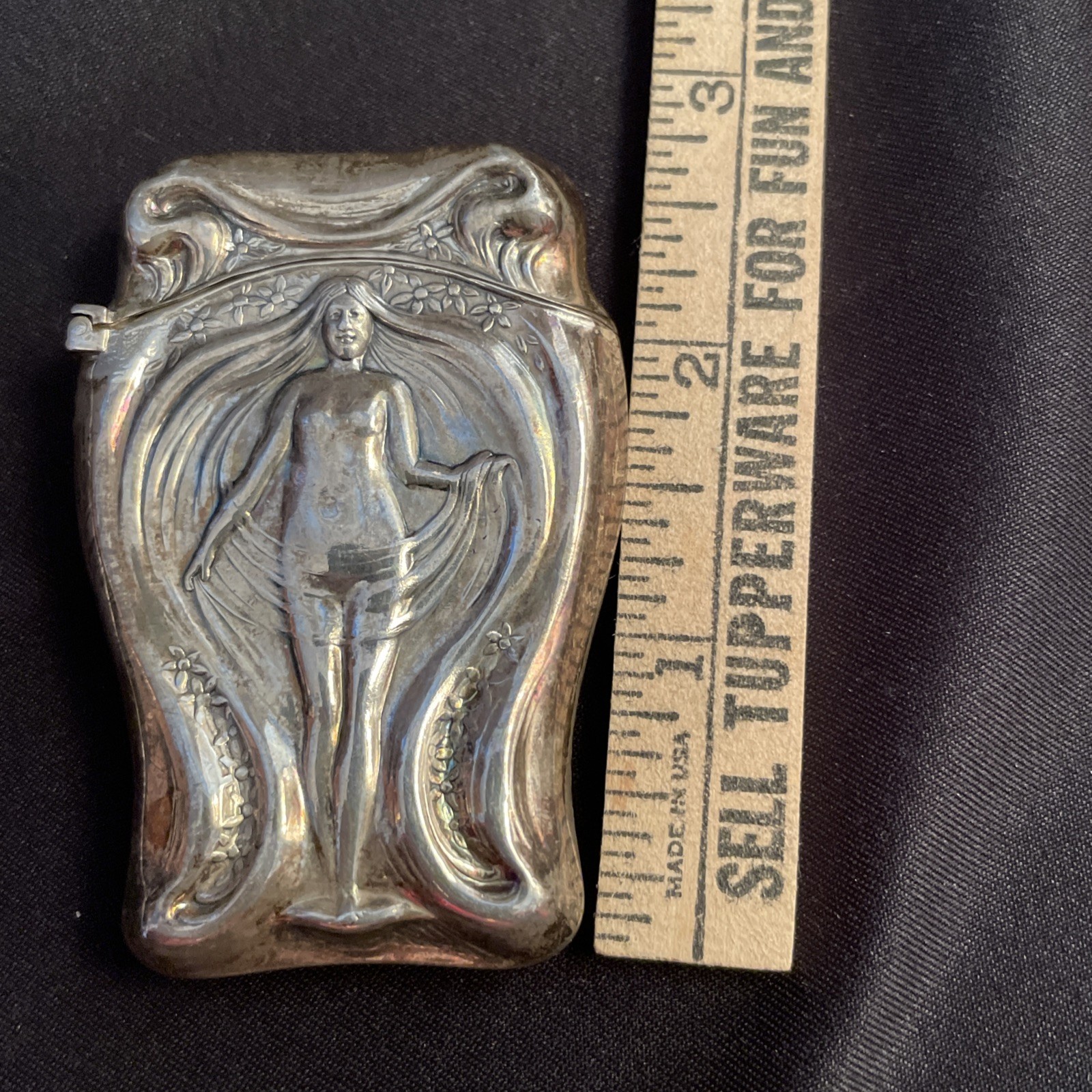 Wallace Sterling Silver Art Nouveau Match Safe Nude Woman Wing-Like Hair 1.5 oz.