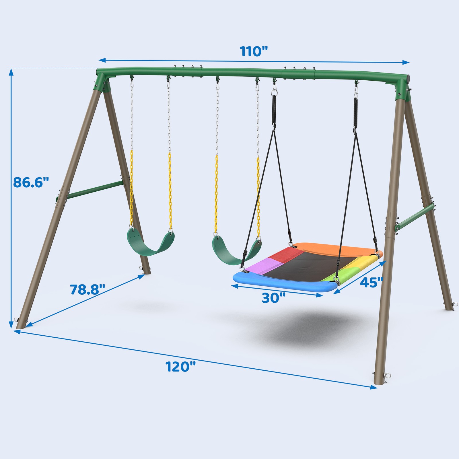 600lb 7.3ft Tall Heavy Duty Metal Swing Set with 3 Swings Kids Outdoor Swing Set
