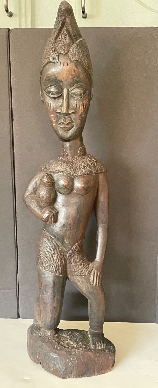 African Nigerian Yoruba large hand carved wood female woman figurine statue 19"