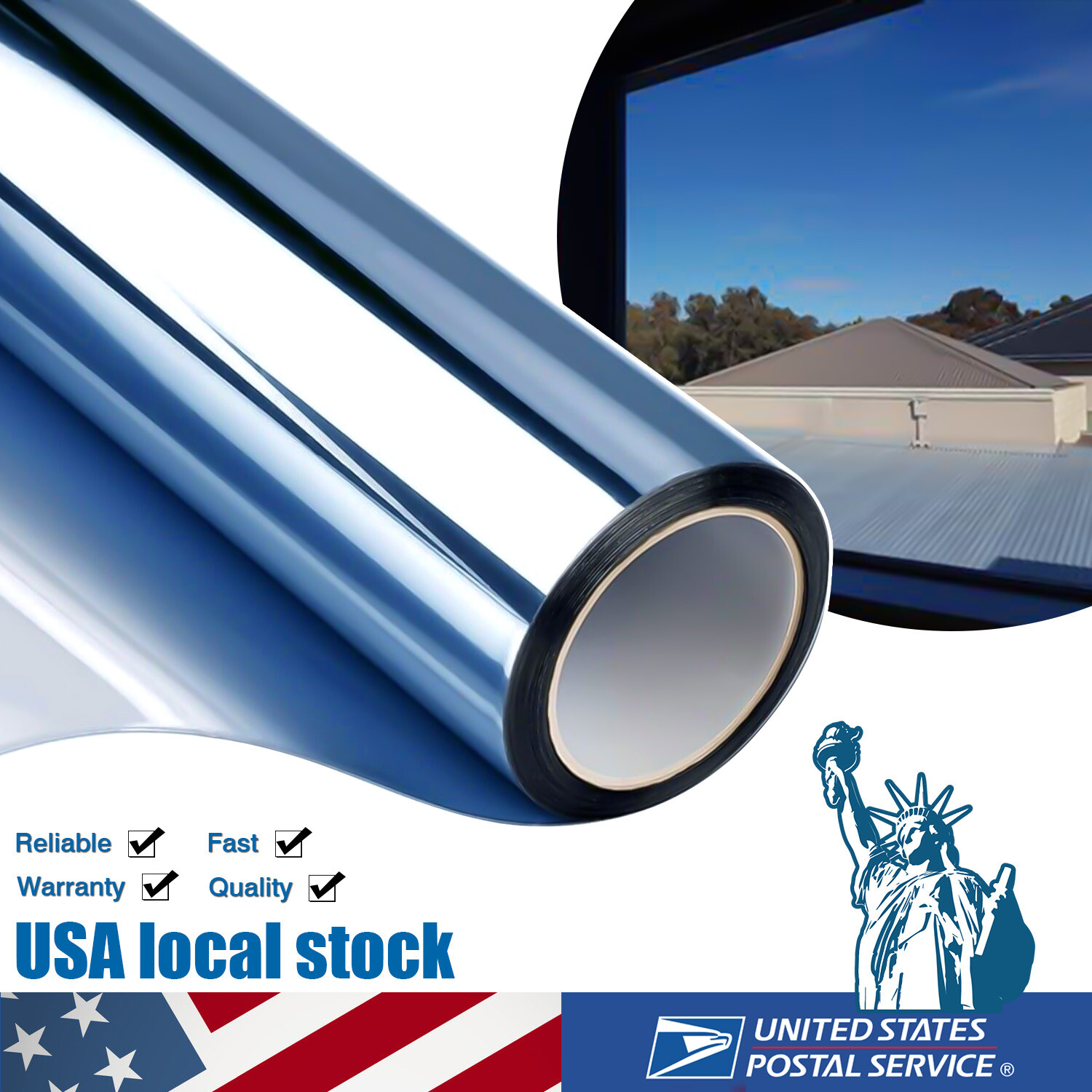 20" x10FT Uncut Roll Window Mirror Blue Chrome Tint Film New Home Office Glass