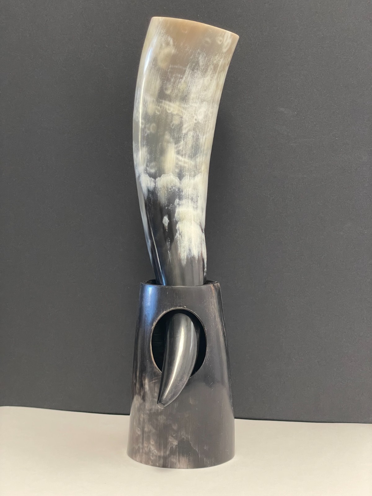 Large Polished Viking Drinking Horn & Matching Horn Stand - Natural Mead Vessel