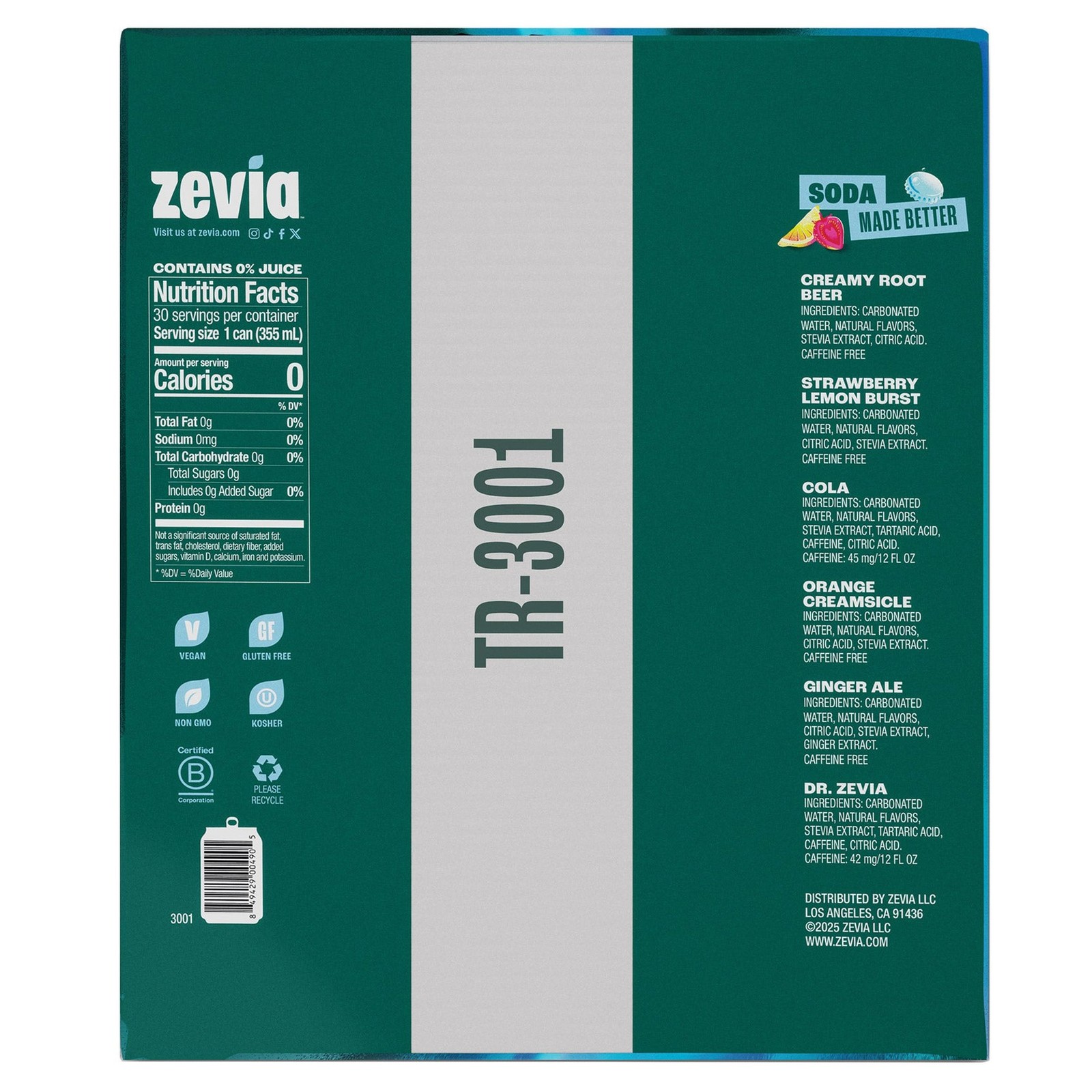 Zevia Zero Sugar Soda, Variety Pack, 12 fl oz, 30-Pack