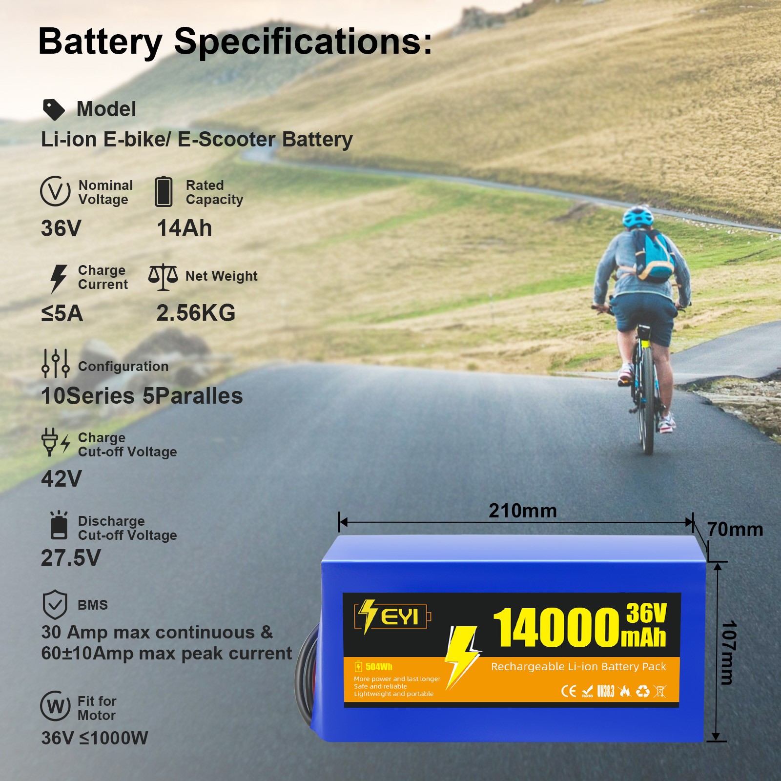 36V 14Ah Rechargaeble Lithium Battery Pack, for 0-1000W Motor