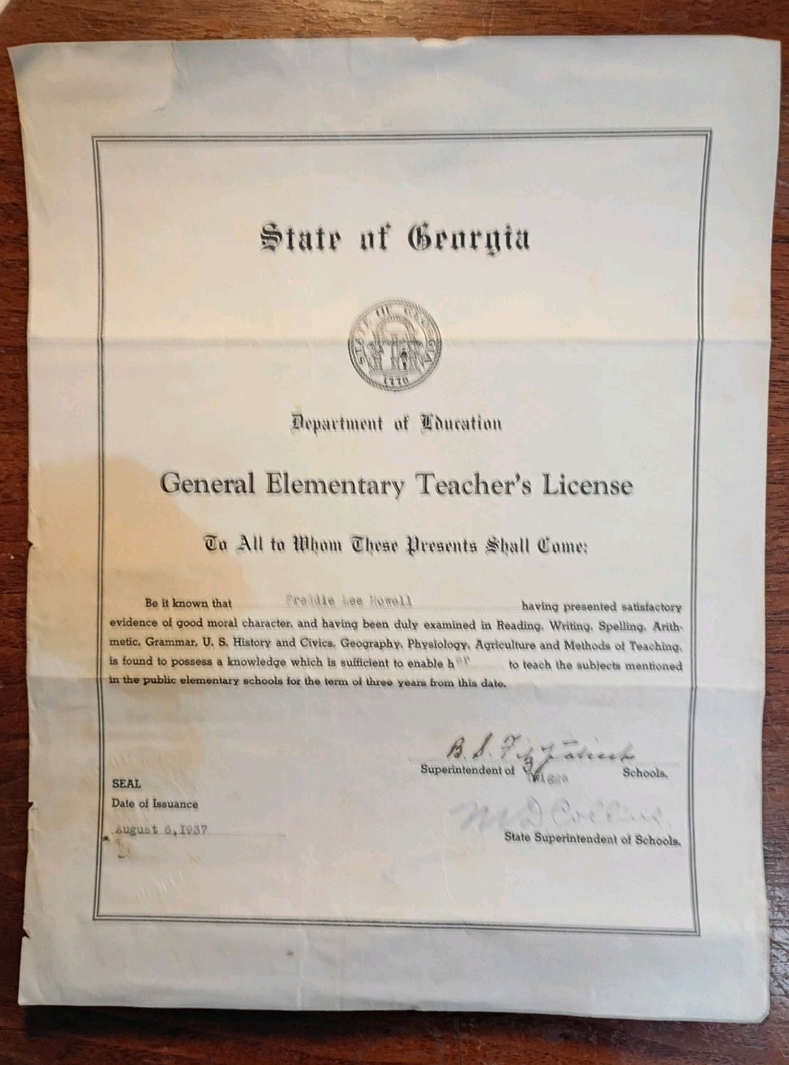 1937 African American Teacher's License - GA Segregated Schools Twiggs Co