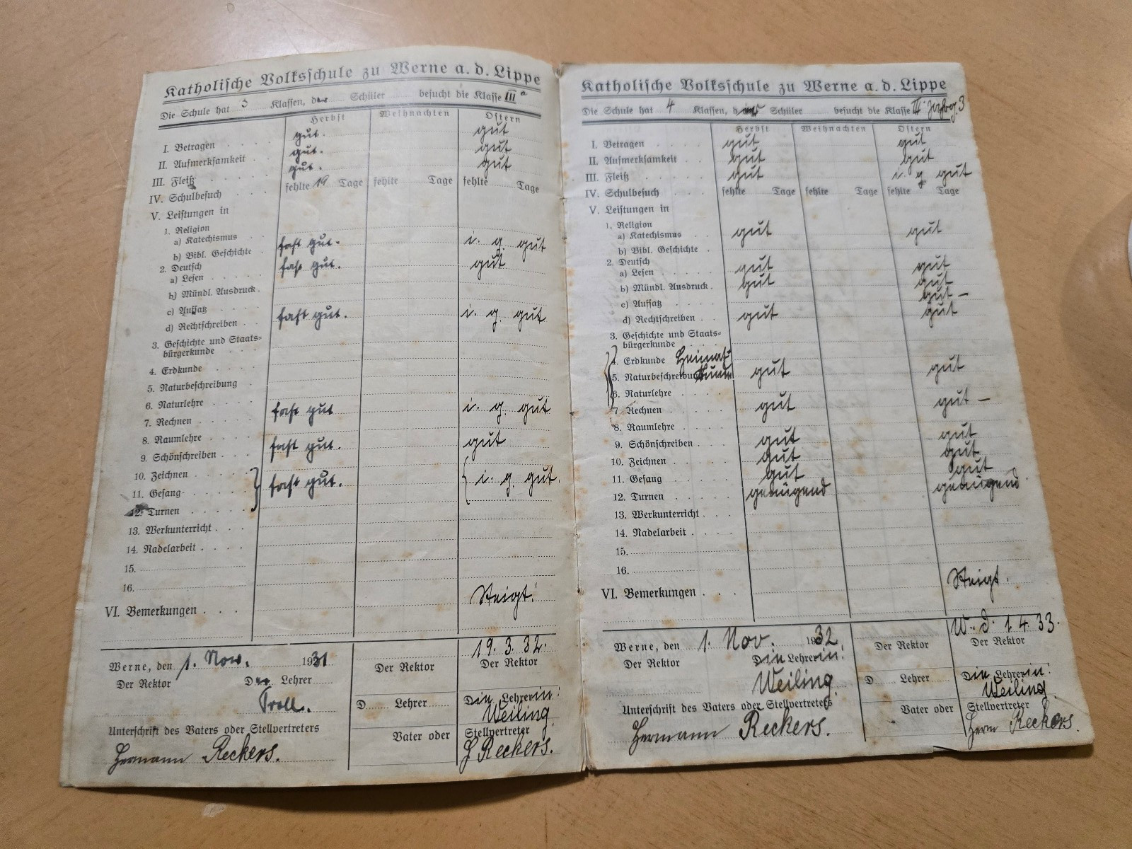 1930–1937 Third Reich Jugend German School Report Book Zeugnis Heft Wilhelm Reck