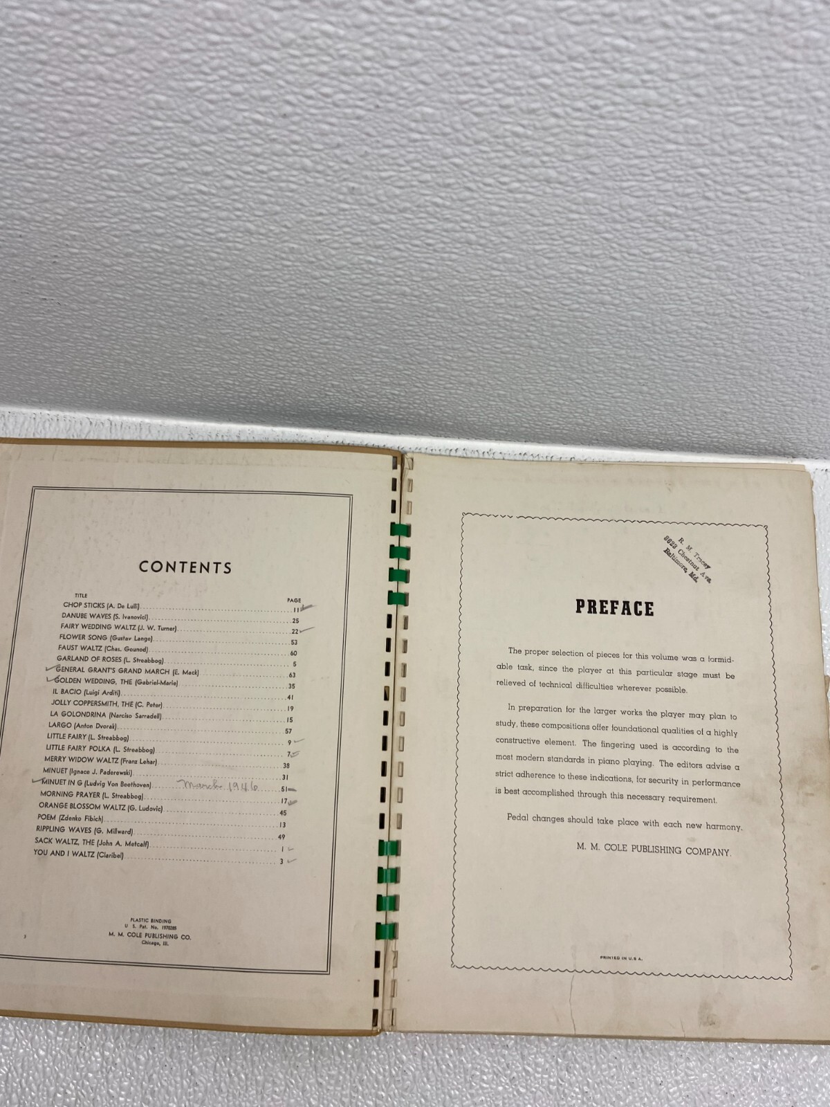 Vintage M.M. Coles Library Of Familiar Music Elementary Piano Solos Book # 3