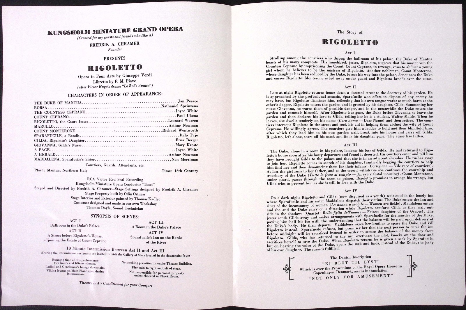 Kungsholm Miniature Grand Opera House Chicago Vintage Souvenir Program