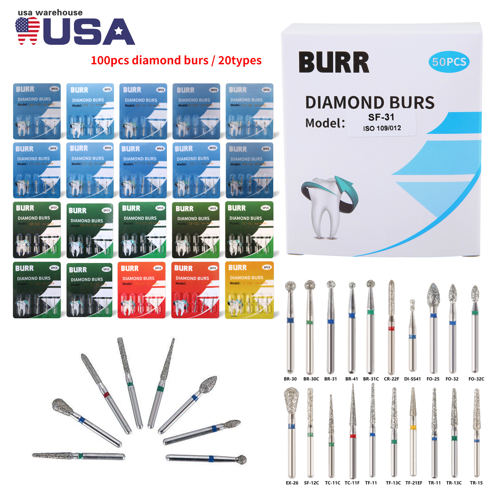 100 fresas diamante para turbina Diamond Burs dental High speed handpiece 1.6mm