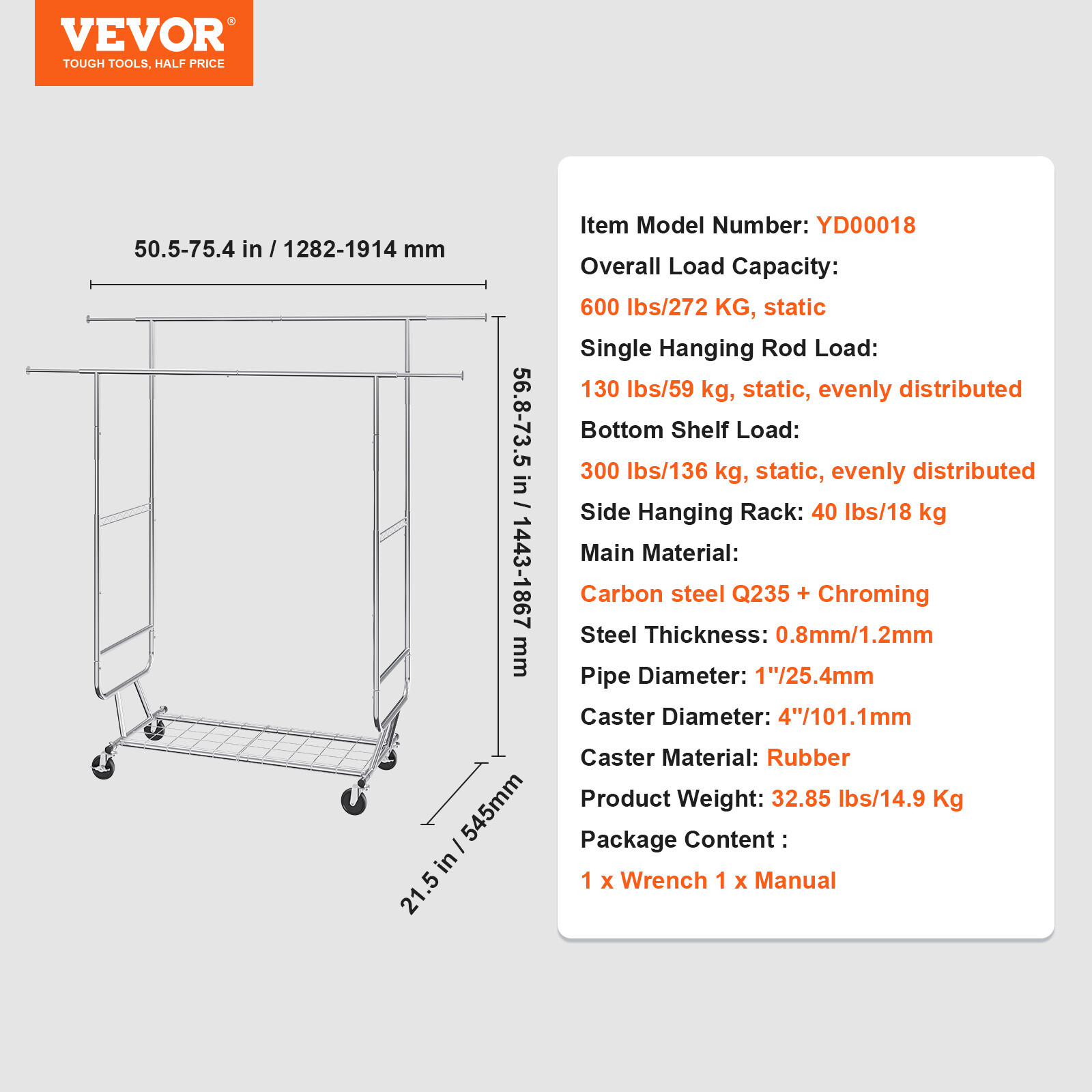 VEVOR Clothes Rack Heavy Duty Clothing Garment Rack Double Hanging Rod 600 lbs
