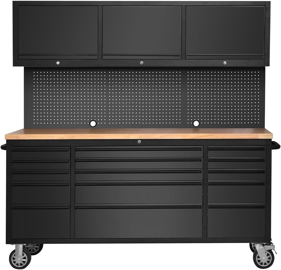 72-inch Heavy Duty Tool Chest Cabinet with 15 Drawers and 3 Upper Cabinets