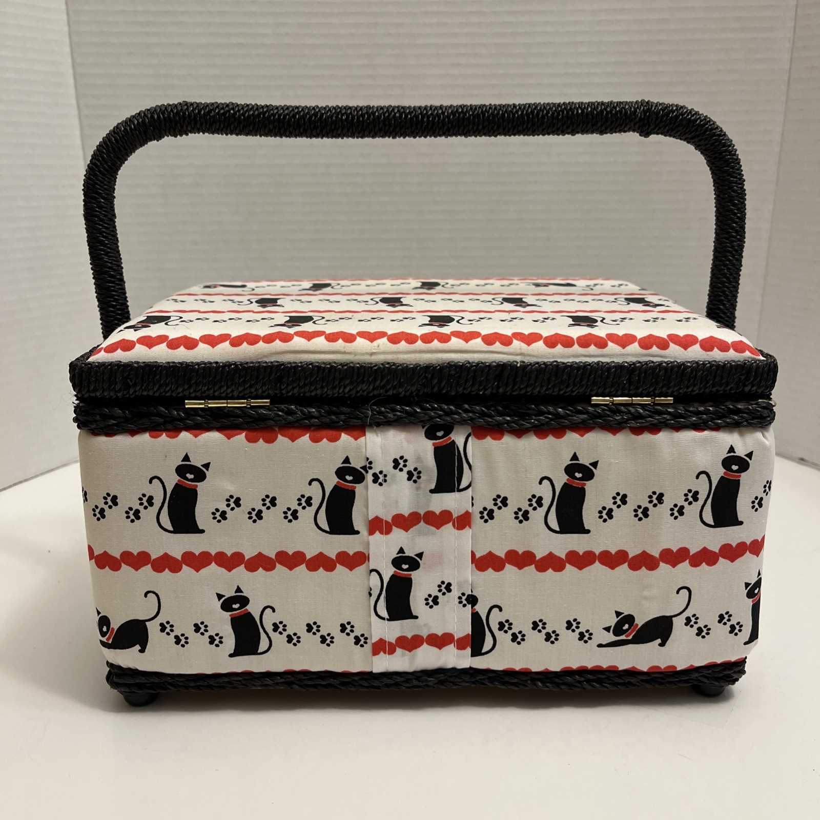 Sewing Basket Cat Print Padded Box Pin Cushion Accessories Storage Snap Closure