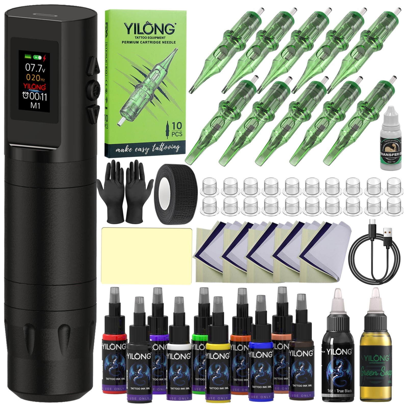 Wireless Rotary Tattoo Pen Machine Complete Kit with Ink Needles Transfer Paper