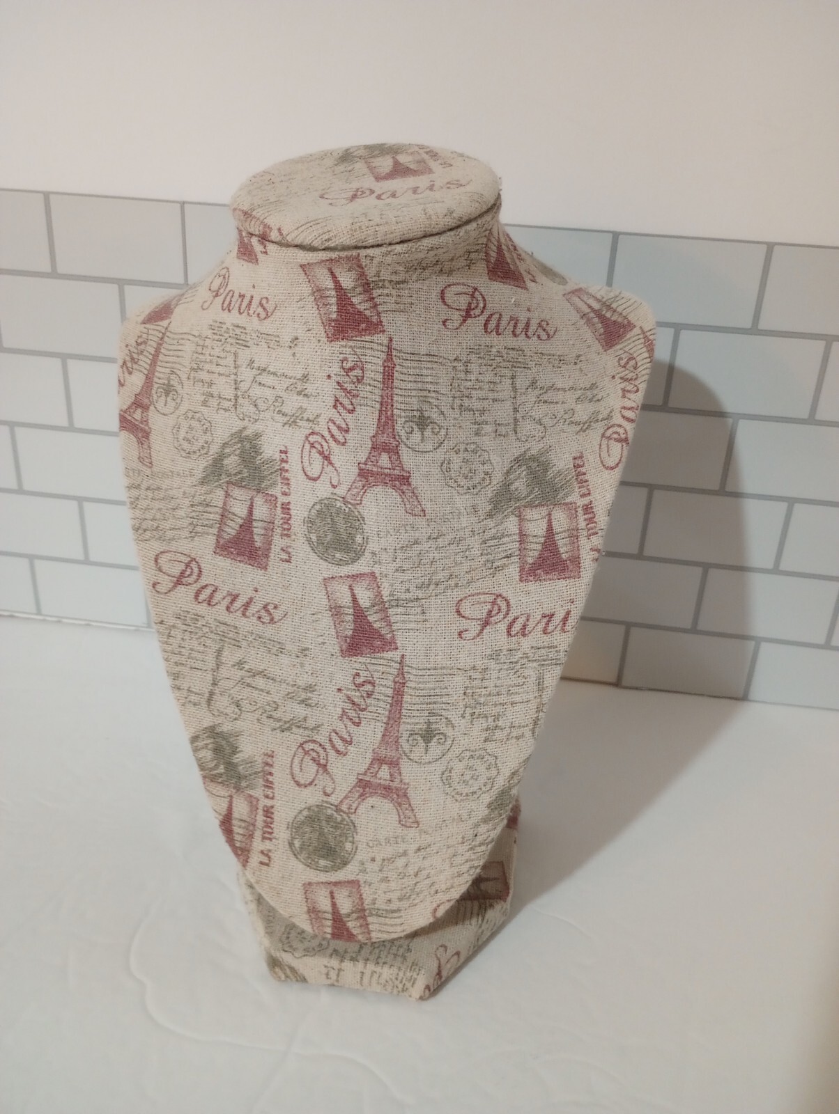 9" Linen Printed Necklace Jewelry Display Bust Eiffel Tower Paris