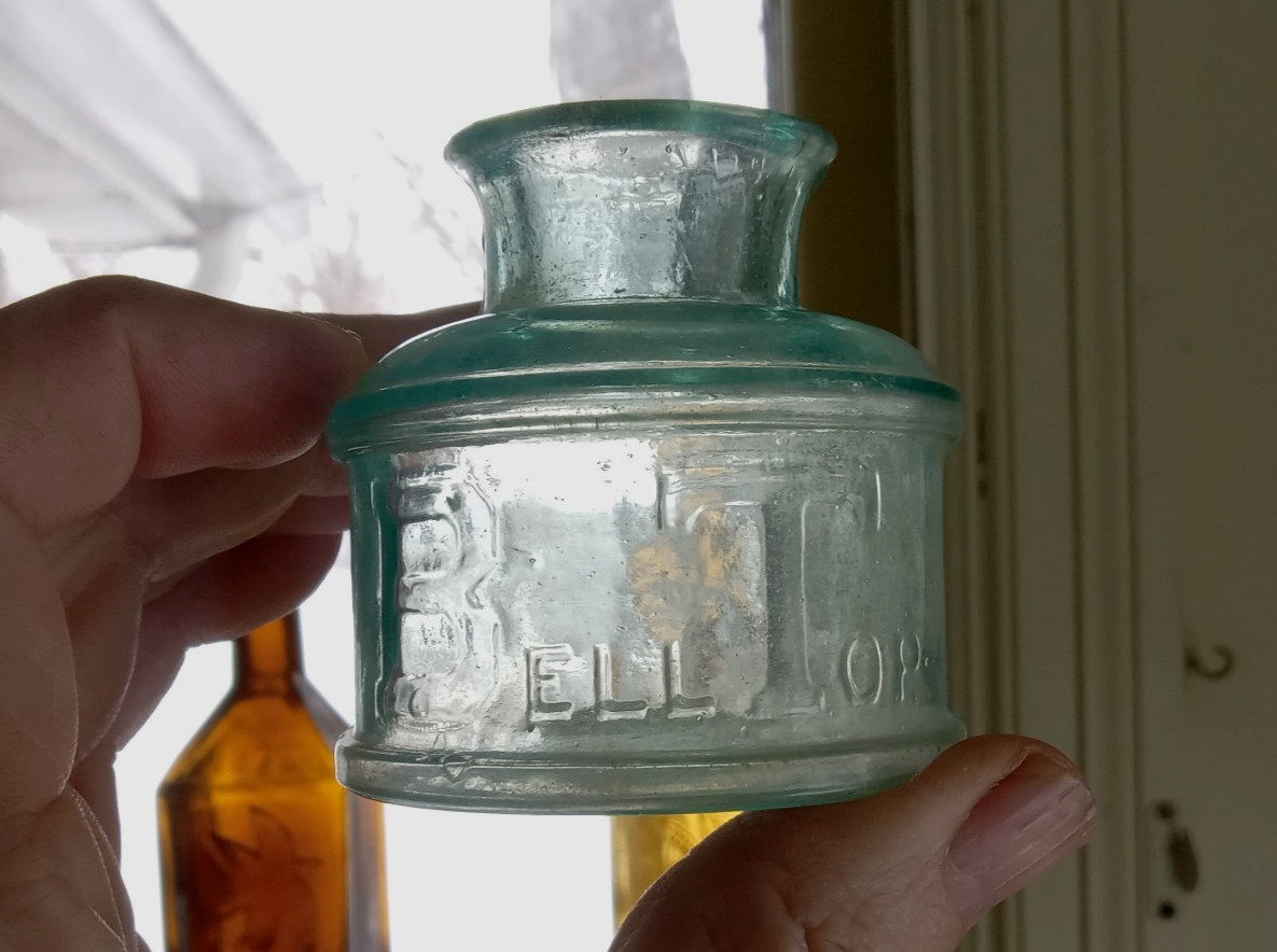 BELL TOP PAT APR.21st 1868 EMB FLARED LIP INK BOTTLE HAND BLOWN NICE