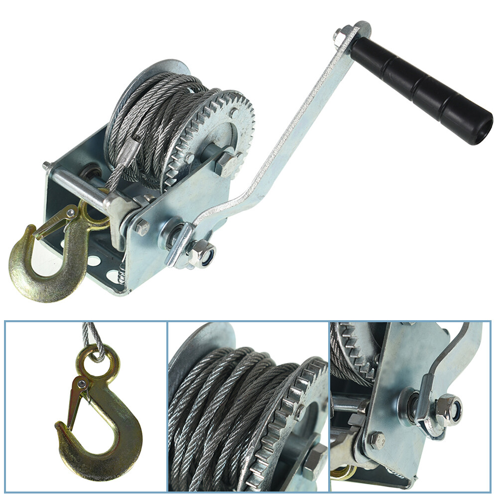 800lbs Hand Winch Hand Crank Strap Gear Winch ATV Boat Trailer With 26ft Cable