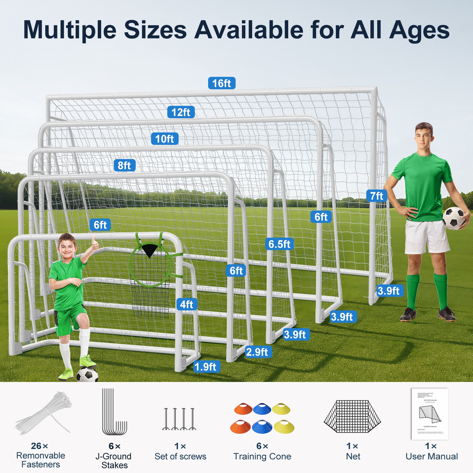 16x7ft Soccer Goals for Backyard, Steel Frame with 6 Cones for Teens/Adults