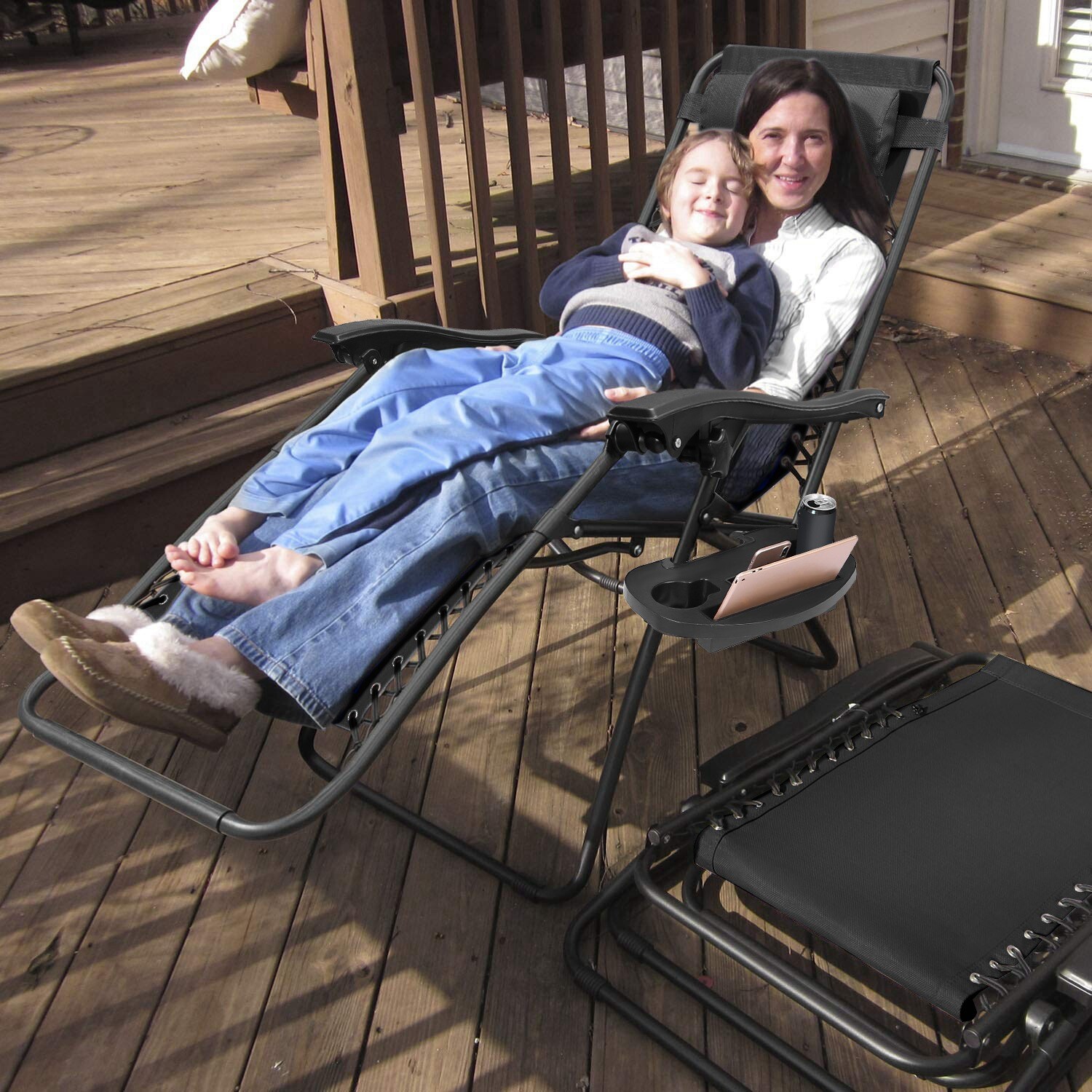 2 Sets Gravity Chairs Folding Patio Lounge Beach Outdoor Recliner with Side Tray