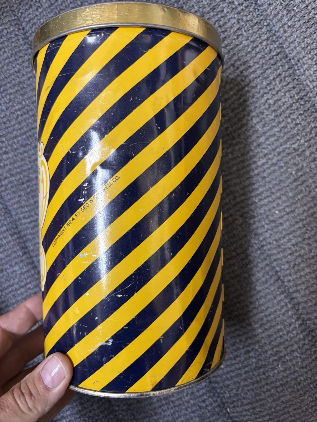 Vtg Caswells coffee 31lb coffee can tin yellow and blue brand advertising litho