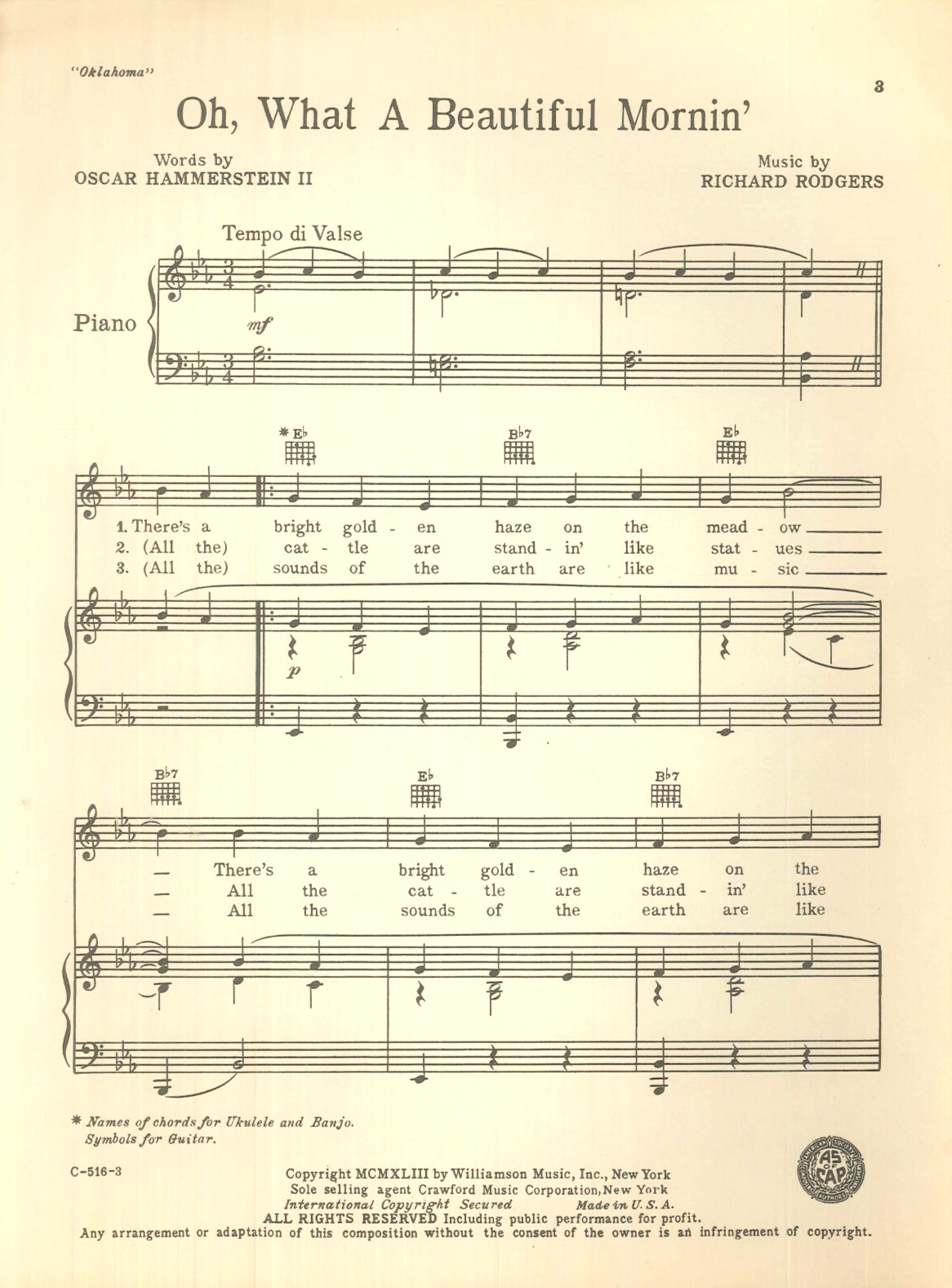 Oh What A Beautiful Mornin' Sheet Music Piano Voice Guitar Ukulele 1953 Oklahoma