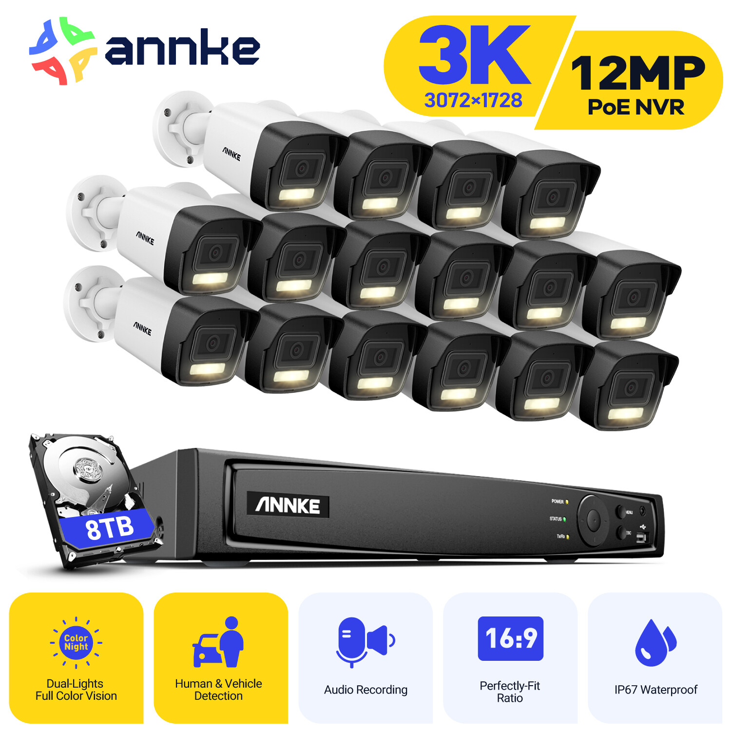 ANNKE 16CH 12MP NVR 3K POE AI Color Night Security Camera System Audio Recording