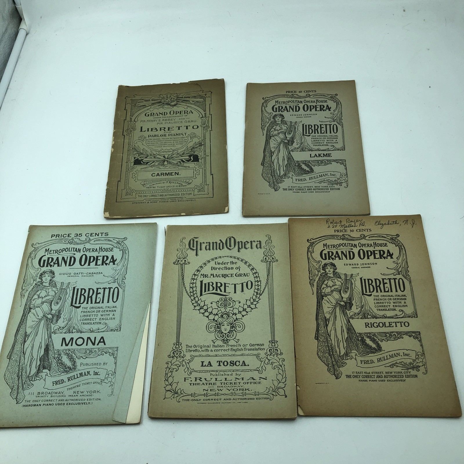Grand Opera Librettos Program Lot 5 - Mona, Carmen, Lake, La Tosca, Rigoletto