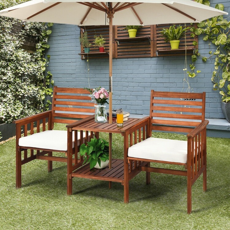 3PCS Outdoor Patio Cushion Furniture Acacia Wood Chair Coffee Table Set Backyard