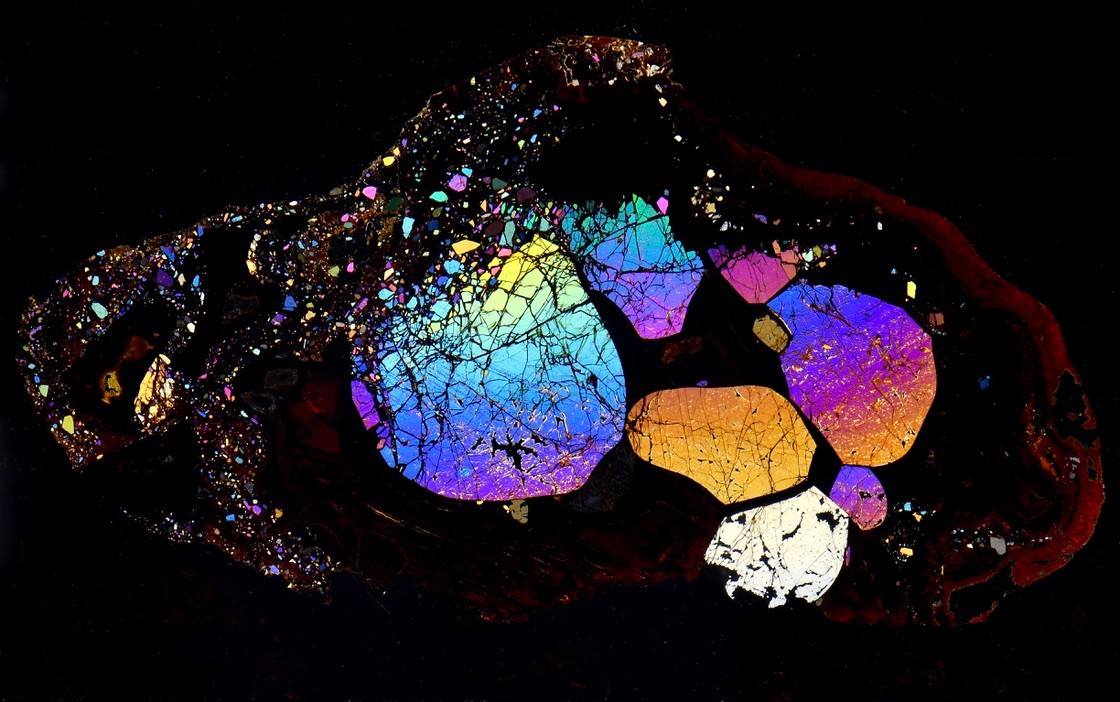 Meteorite SERICHO Pallasite RARE shredded olivine Microscope Slide Thin Section