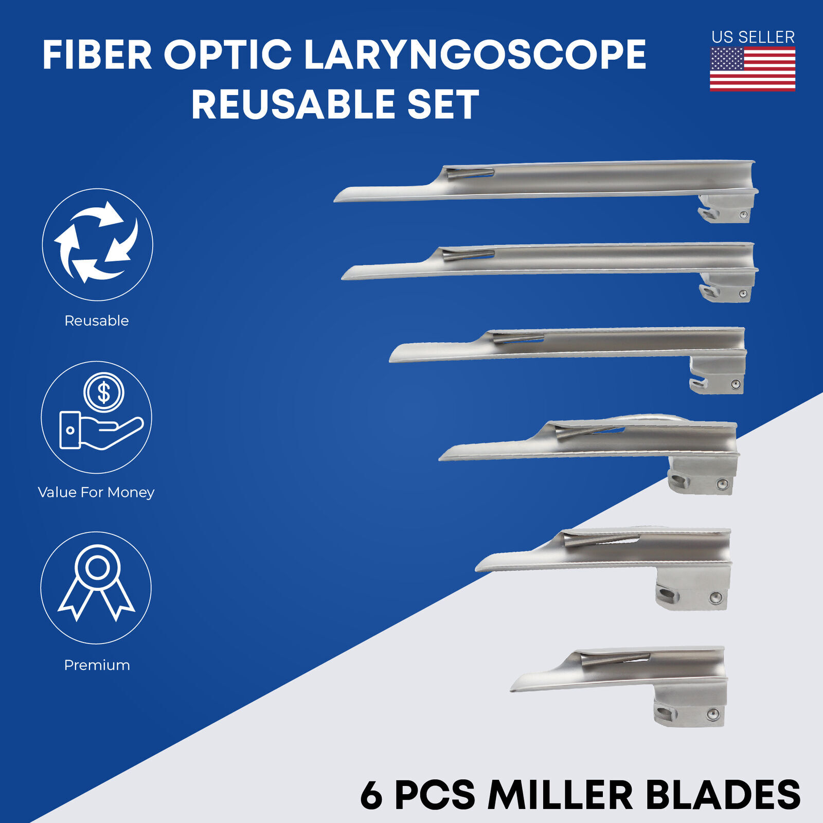 Laryngoscope Set Fiber Optic MACINTOSH MILLER Blades 3 Handle EMT Intubation Kit