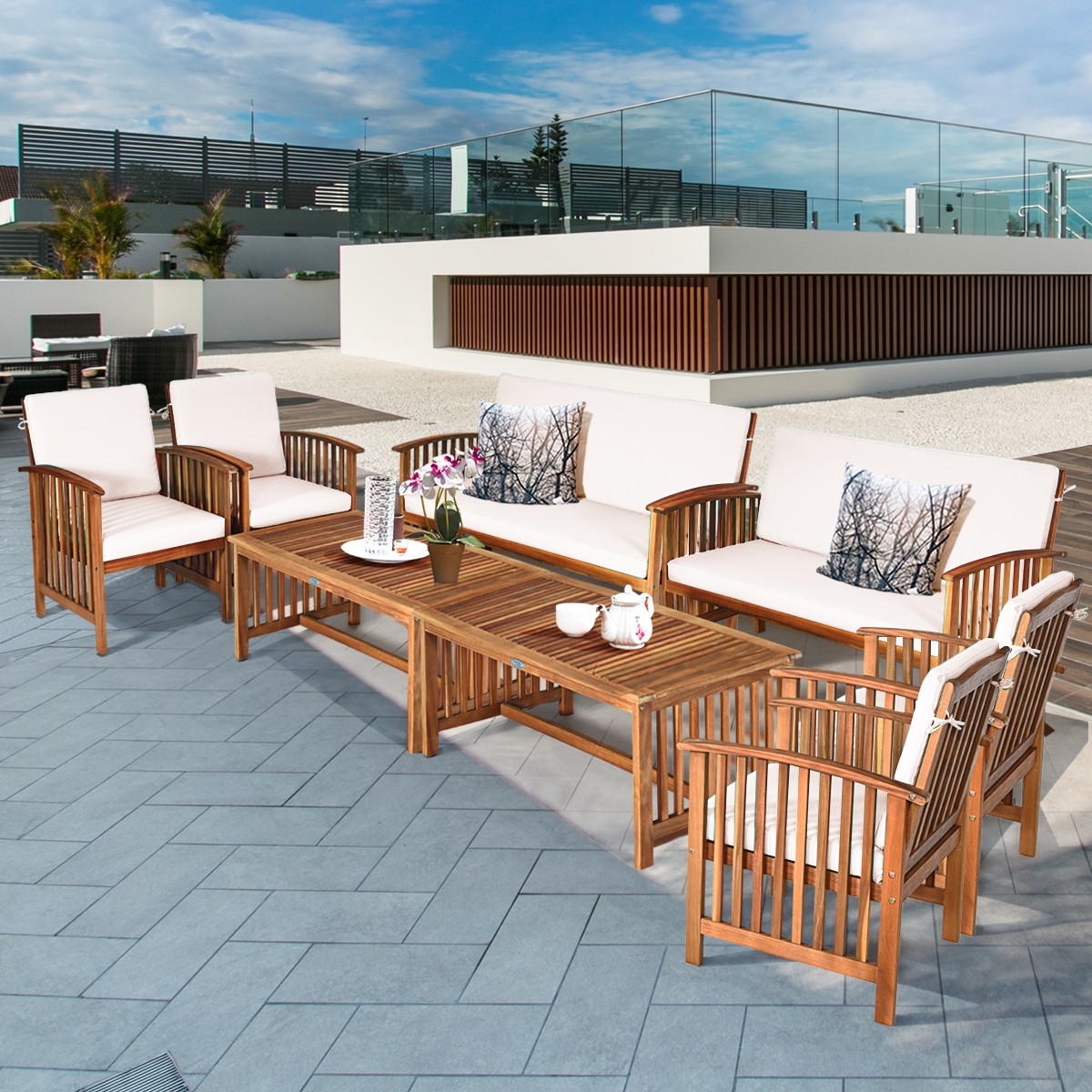 8PCS Patio Solid Wood Furniture Set Conversation Coffee Table W/White Cushion