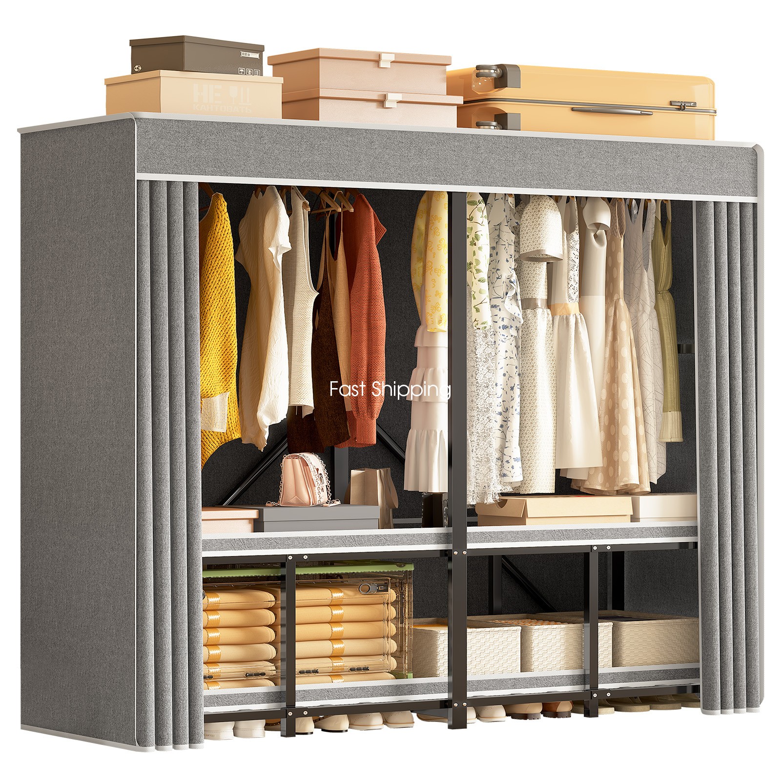 Heavy Duty Portable Metal Closet with Cover Foldable Covered Clothes Rack NEW