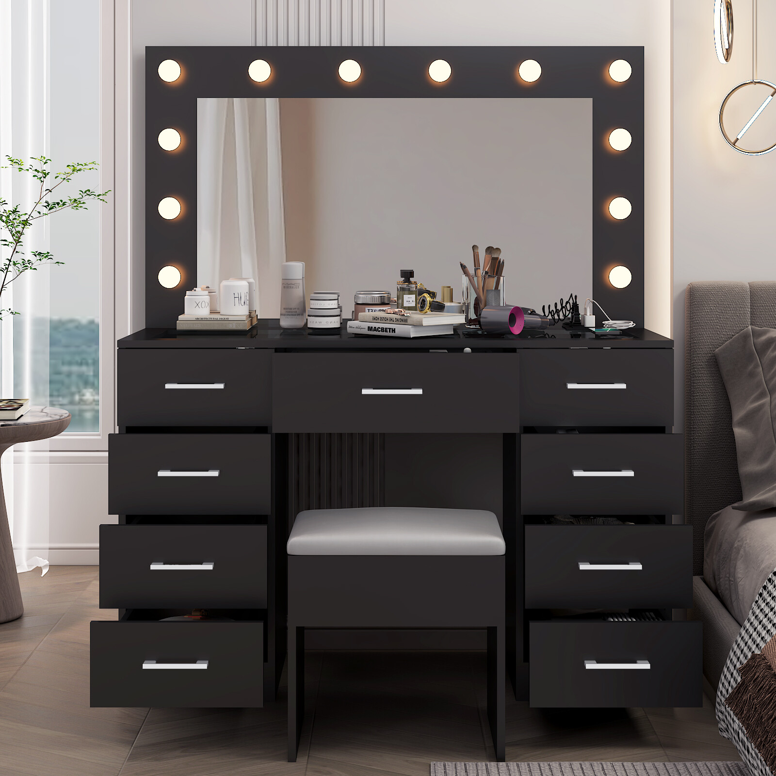 Vanity Set Desk 9 Drawers Large Mirror with Power Outlet LED Lights Makeup Table