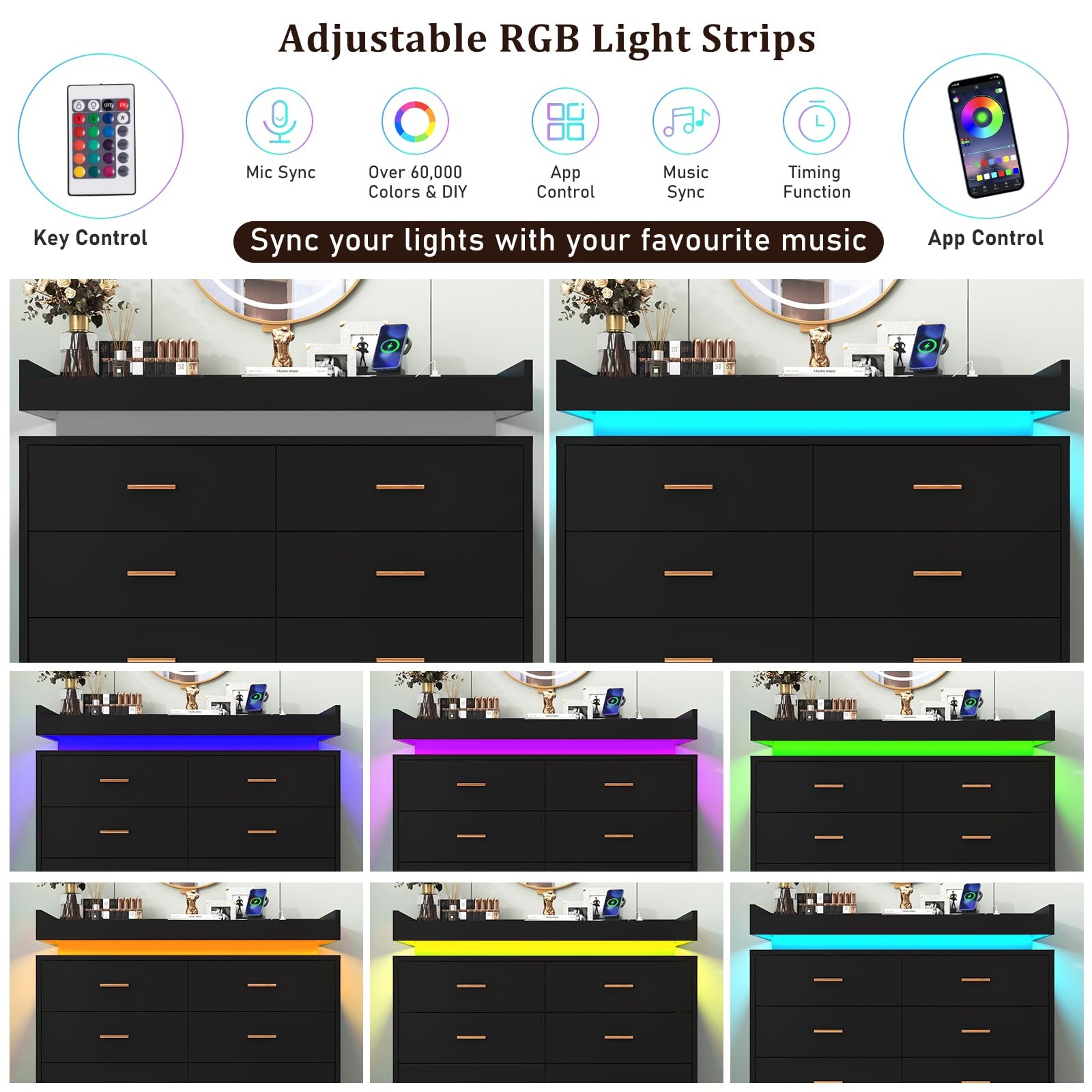 8 Drawer Dresser with LED Light and Charging Station, Modern Chest of Drawers