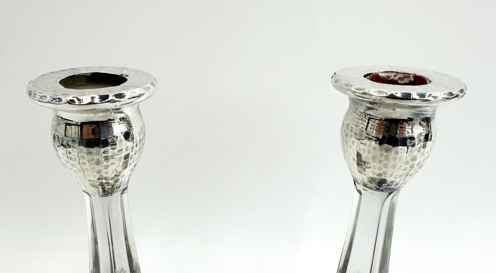 Vintage Pair Hand Hammered Sterling Silver and Cut Glass Candlestick Holders