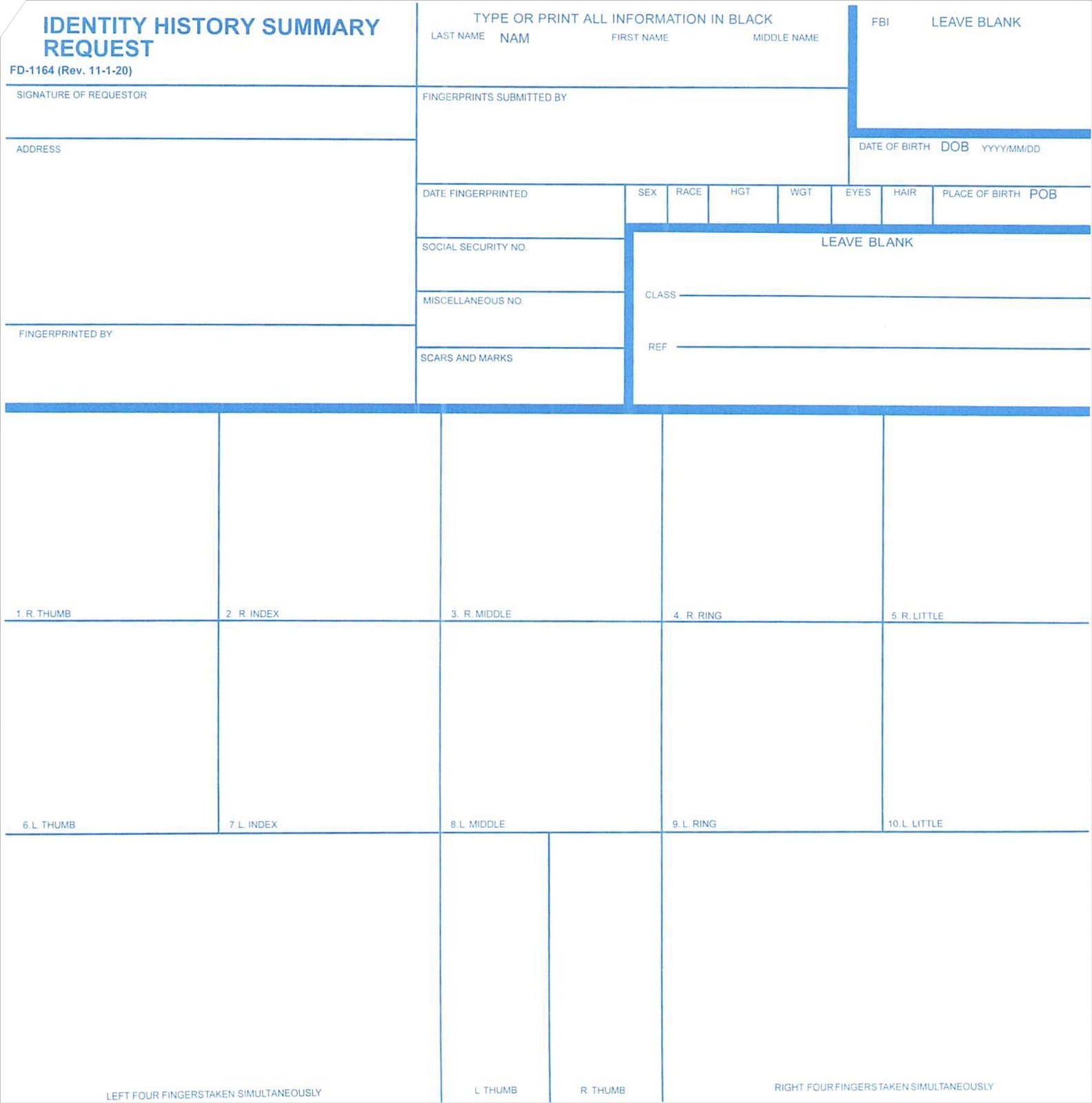 FD-1164 Card, for FBI Identity History Summary Checks, 50 Pack