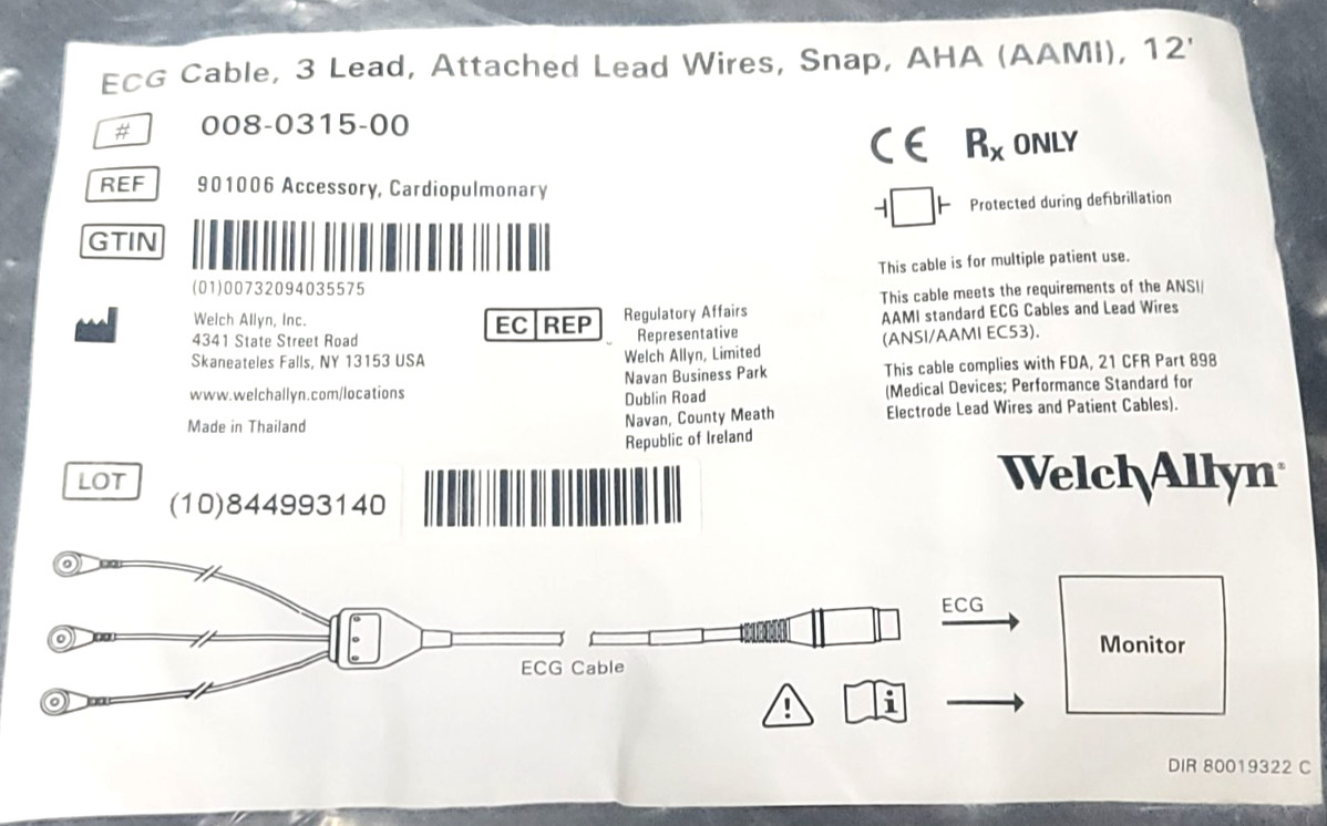 Welch Allyn ECG Cable 3 Leads Snap AHA Compatible
