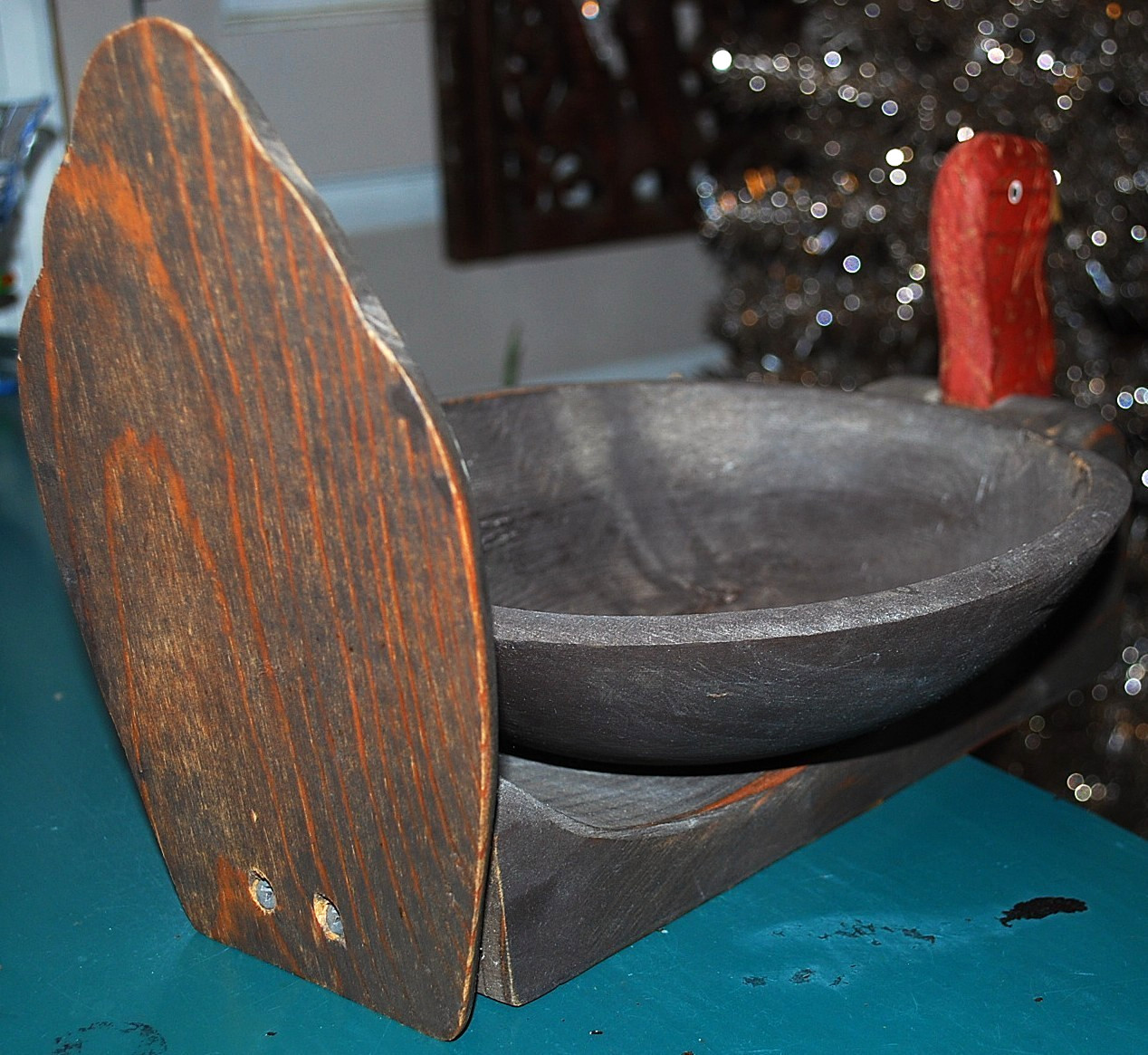 Vtg Hand Carved WOODEN TURKEY BOWL Painted FOLK ART Thanksgiving Centerpiece 14"