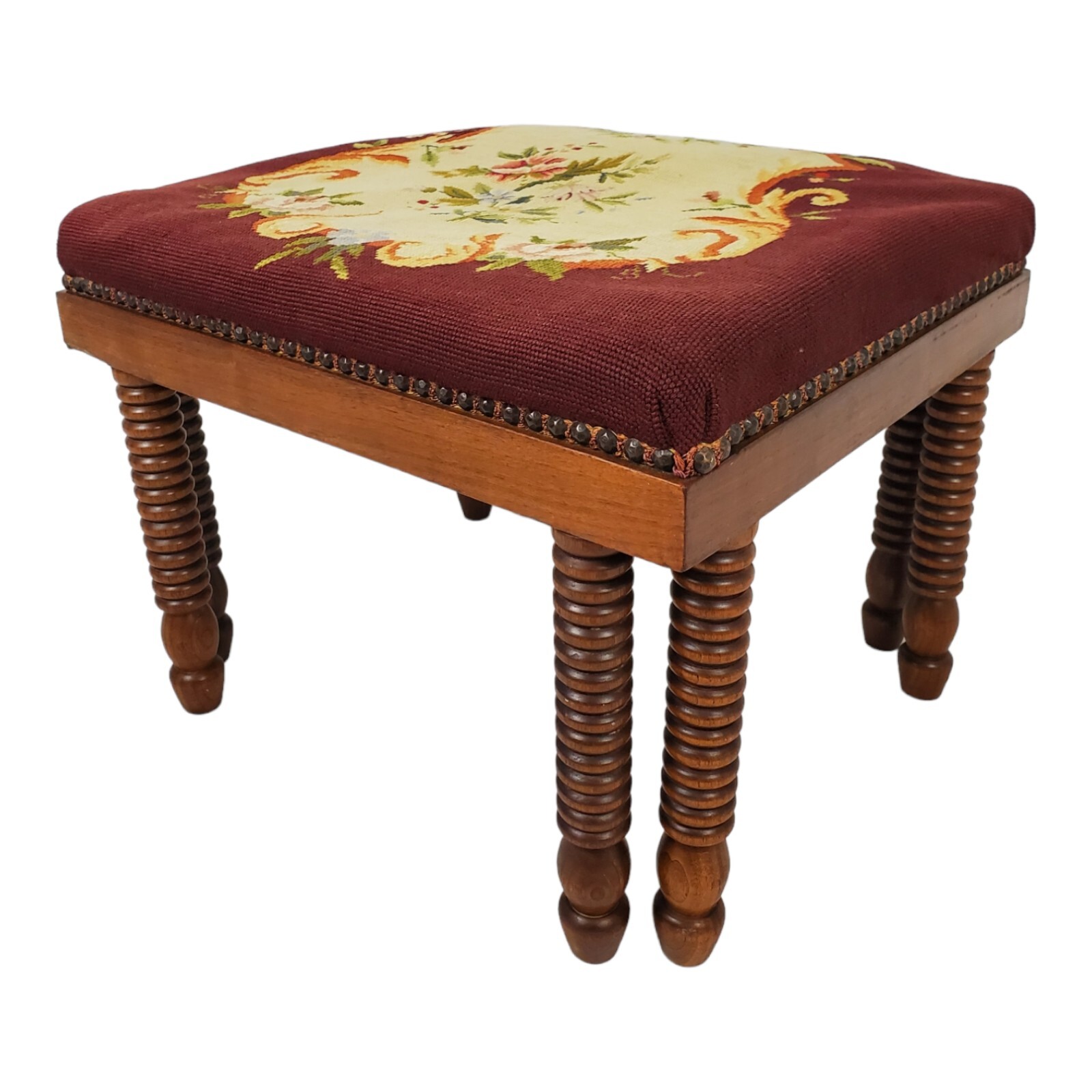 Antique Ottoman Footstool Needlepoint Top English Oak Bobbin Legs Granny Chic