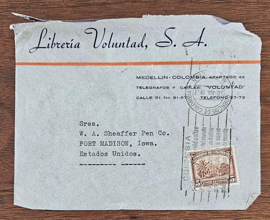 1937 Colombia to USA Envelope 5c Libreria Voluntad slogan cxl to Ft. Madison, IA