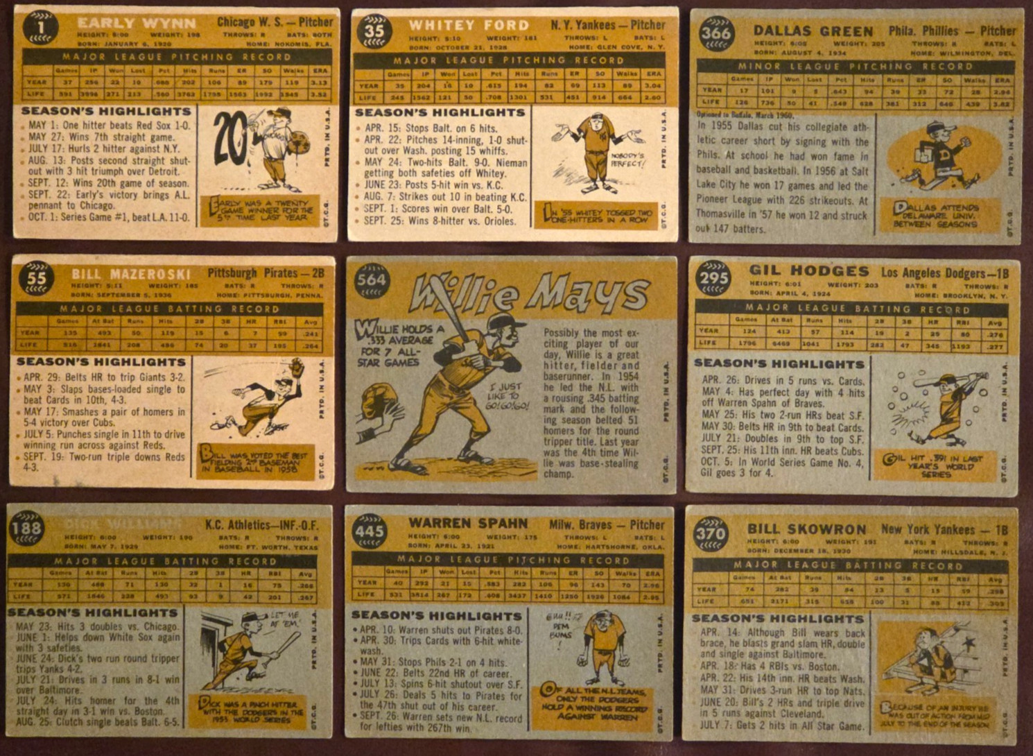 1960 Topps HOF Lot (9) Mays Spahn Ford Mazeroski Hodges Wynn Skowron MORE! L/M