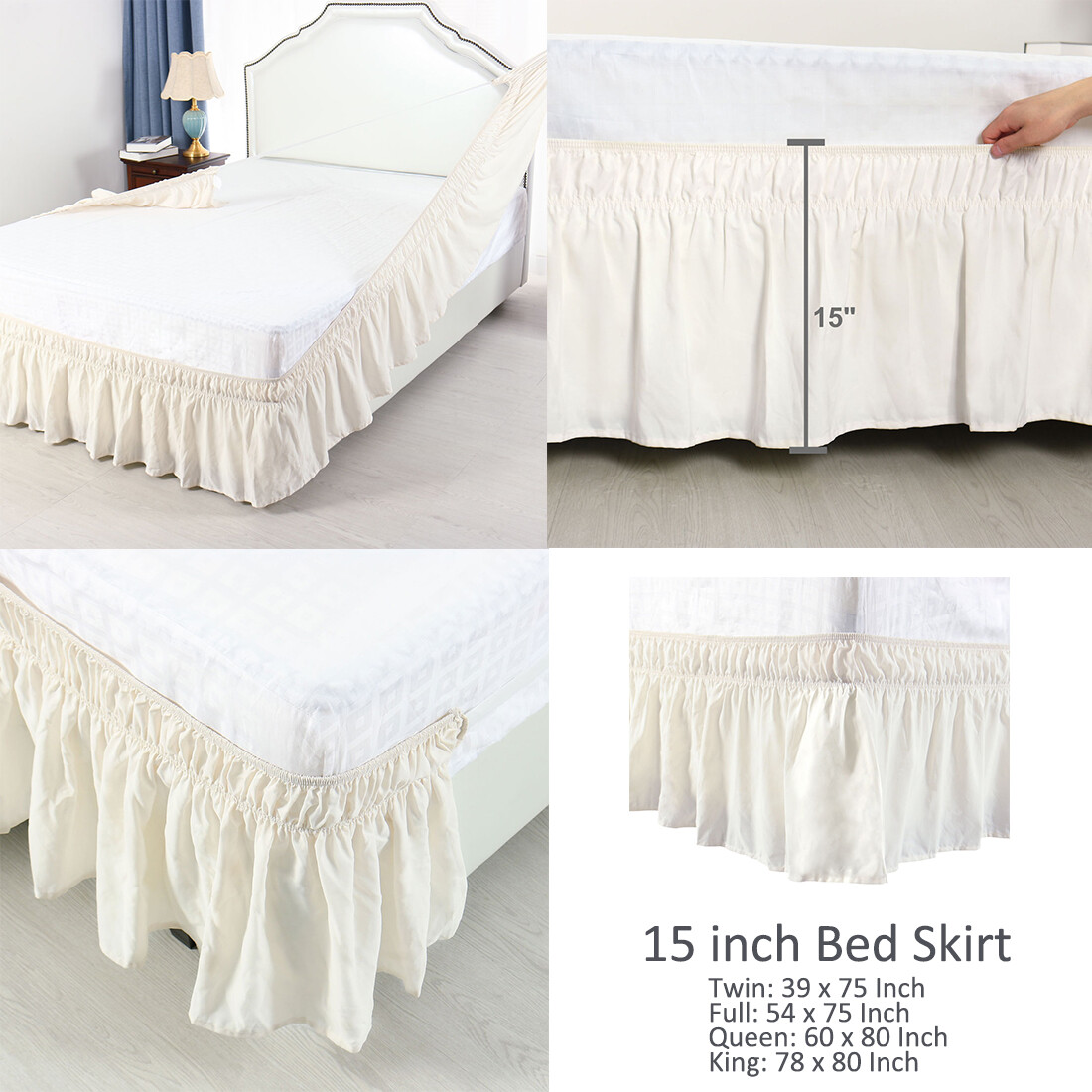 US Ship Wrap Around Bed Skirt Elastic Dust Ruffle 15 Inch Drop 4 Size Wrinkle