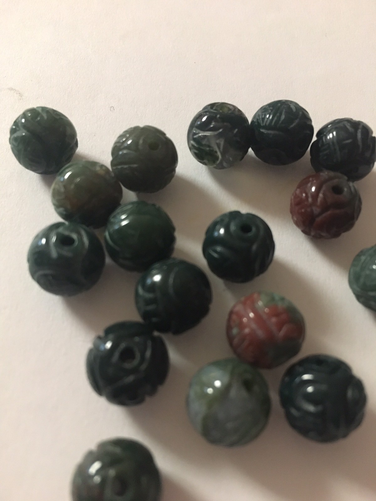 One Vintage Carved Chinese Bead Green Bloodstone Stone Round w/ Shou Design 10mm
