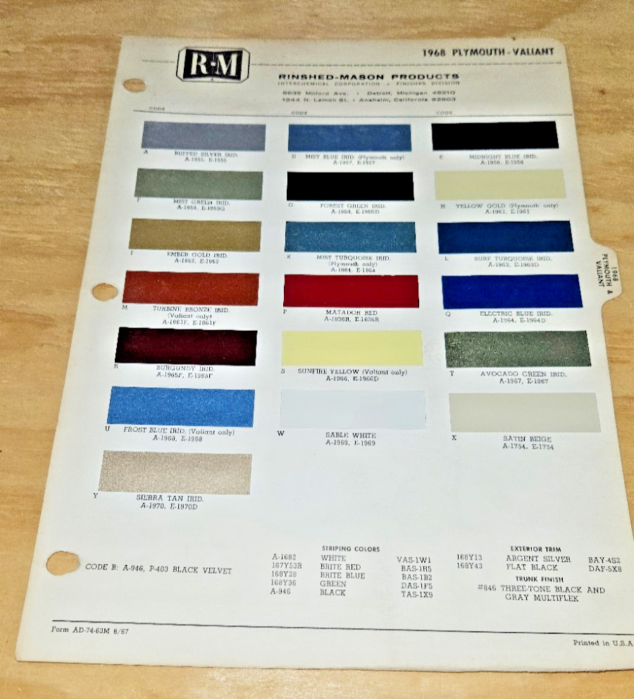 1968 PLYMOUTH Paint chips RM VALIANT BARRACUDA BELVEDERE FURY GTX SATELLITE chip