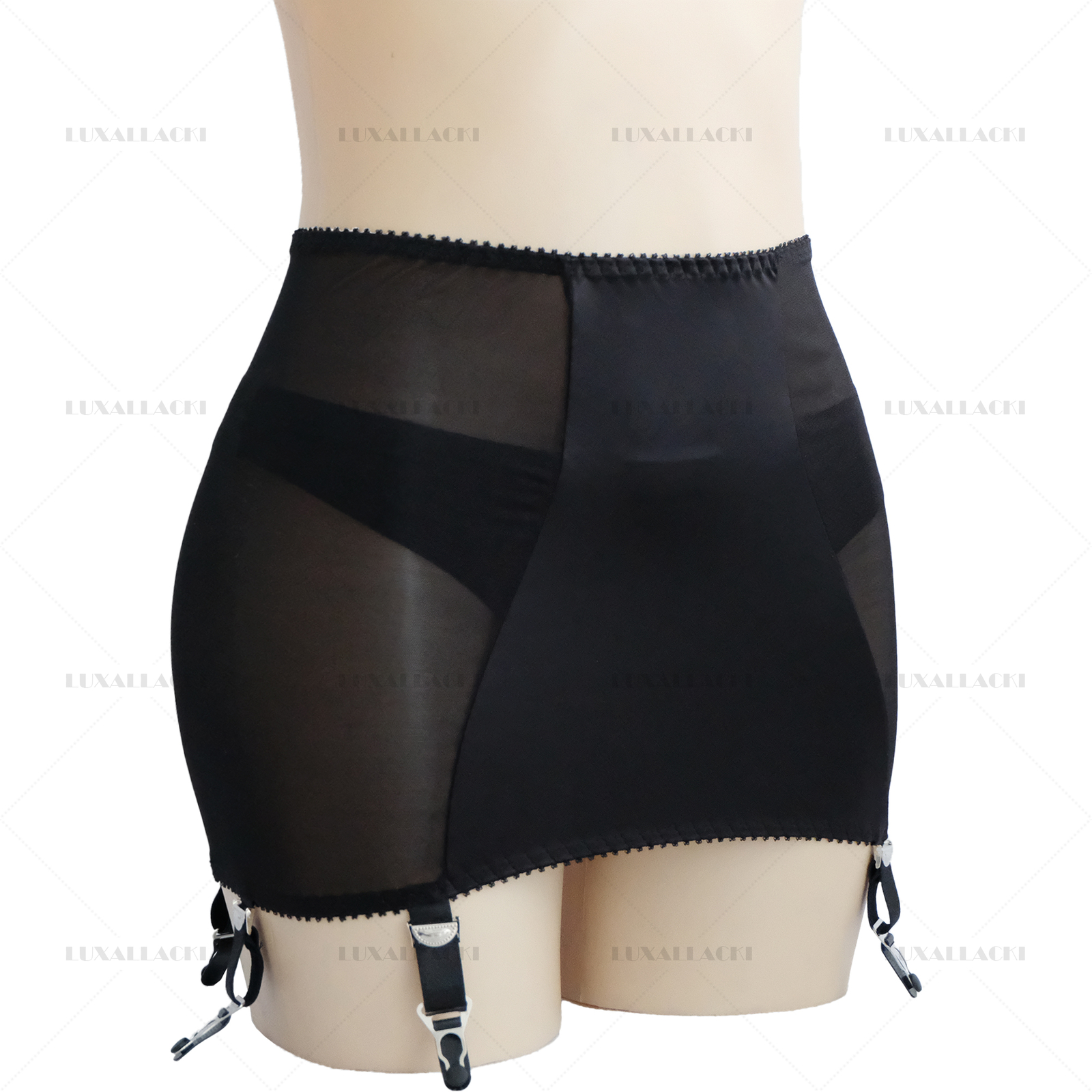 Luxallacki Back Hollow Sheer Garter Belt 6 Straps Suspender Metal Clips Girdle