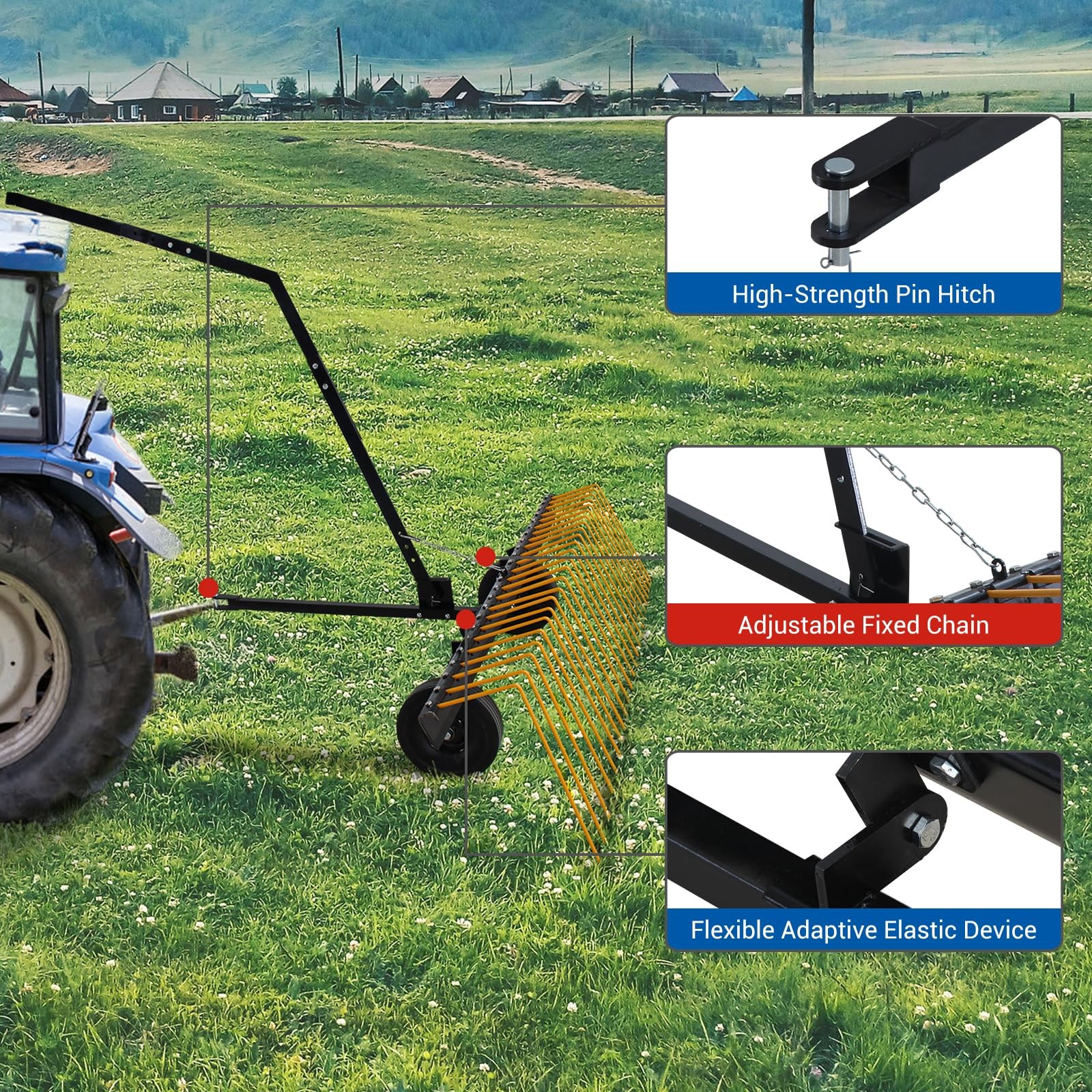 60" ATV Tow Behind Heavy Duty Steel Lawn Straw Rake Lawn Tractor Landscape Rake
